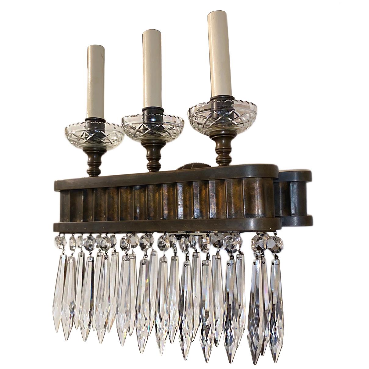 Set of Bronze and Crystal Sconces, Sold Per Pair In Good Condition For Sale In New York, NY