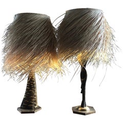 Set of Bronze Lamps Sculptures Ottaviani Palm Fiber Shade, 1990