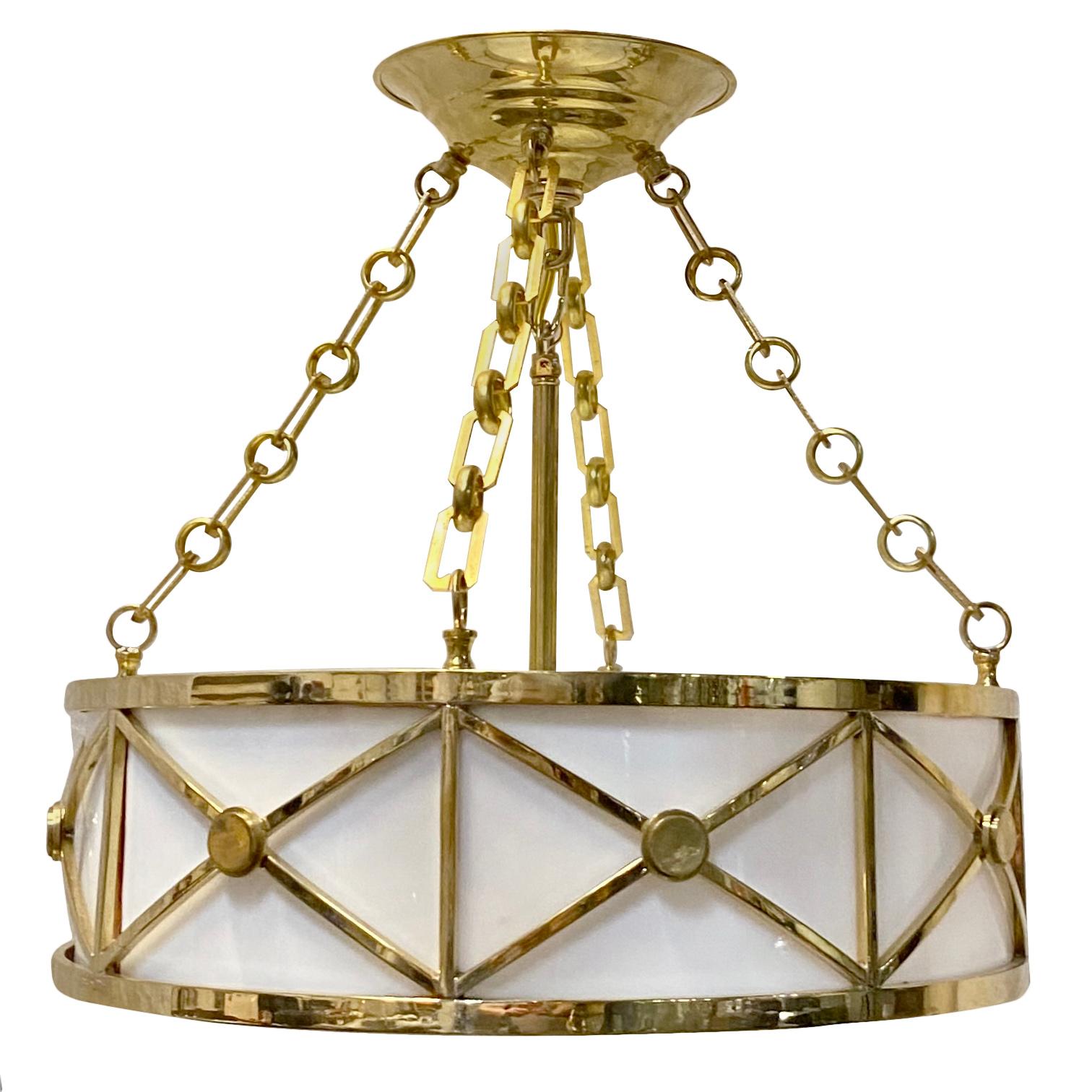 Set of six French circa 1950's neoclassic style bronze light fixtures with white milk glass panels and interior lights. 

Measurements:
Diameter: 16