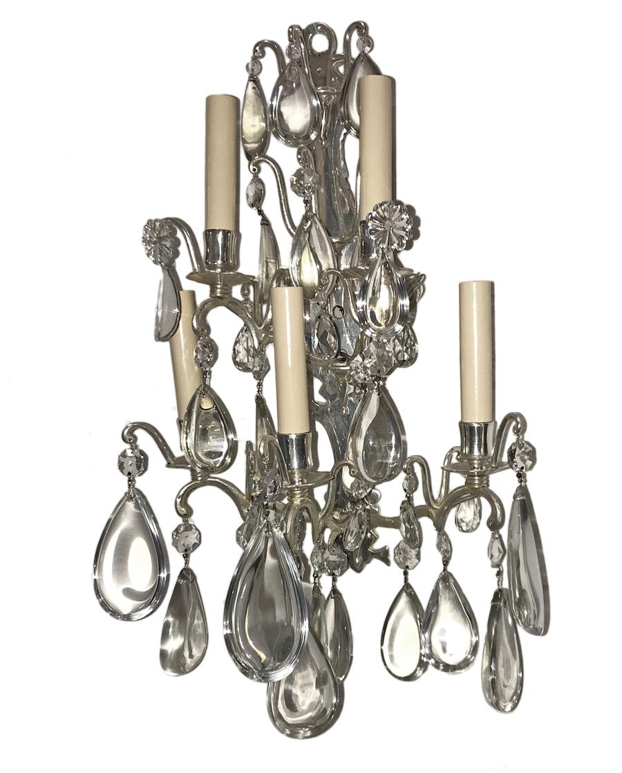 French Set of Bronze Sconces with Crystal Drops For Sale