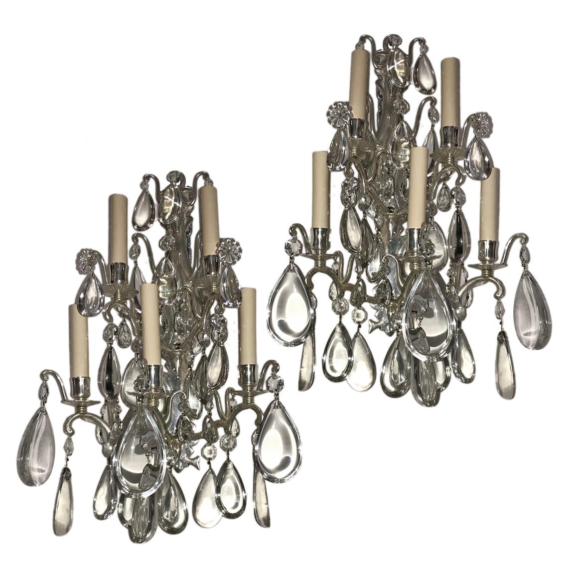 Set of Bronze Sconces with Crystal Drops For Sale