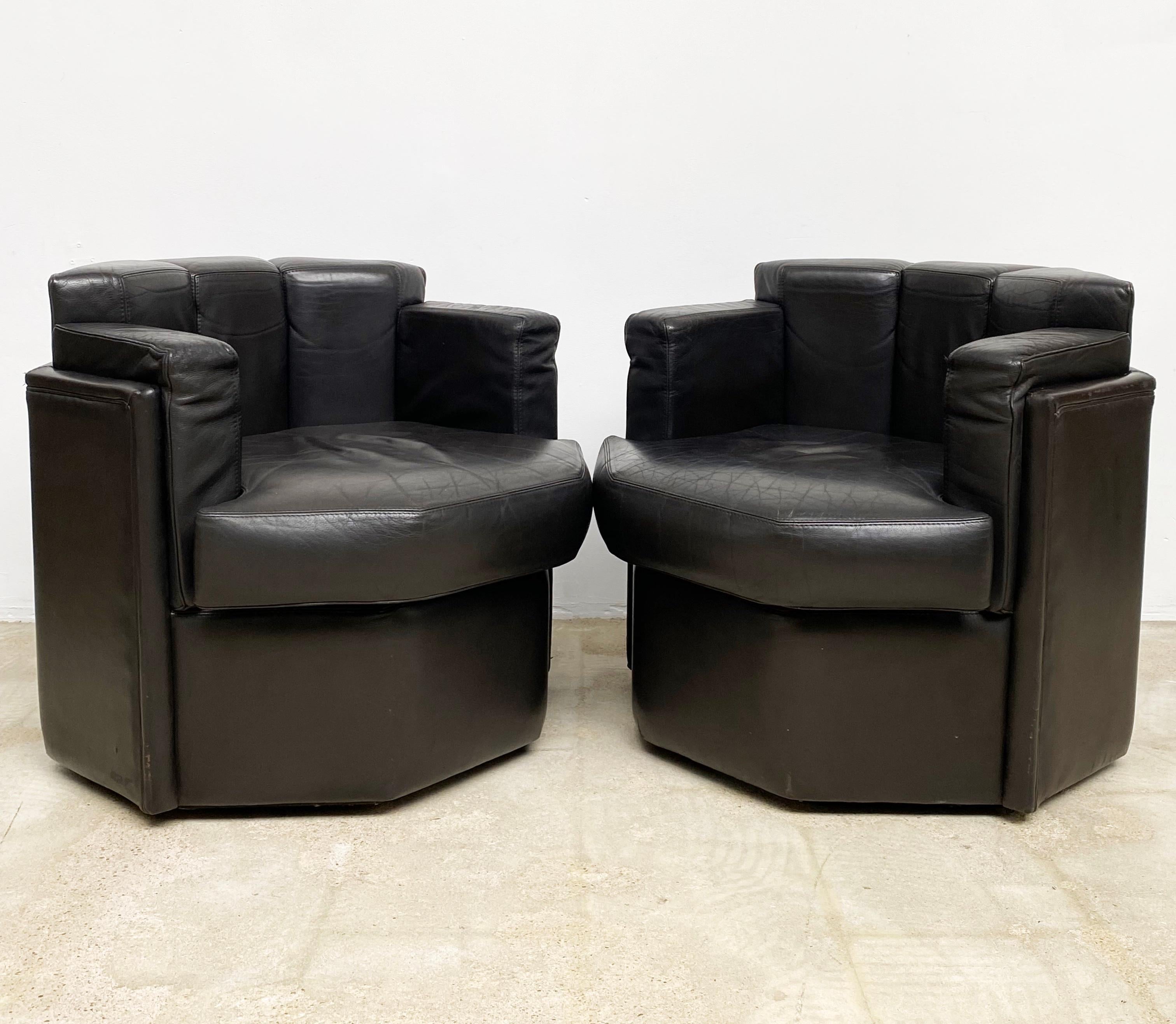 Late 20th Century Set of Brown Leather Octagonal Club Chairs, 1970s For Sale