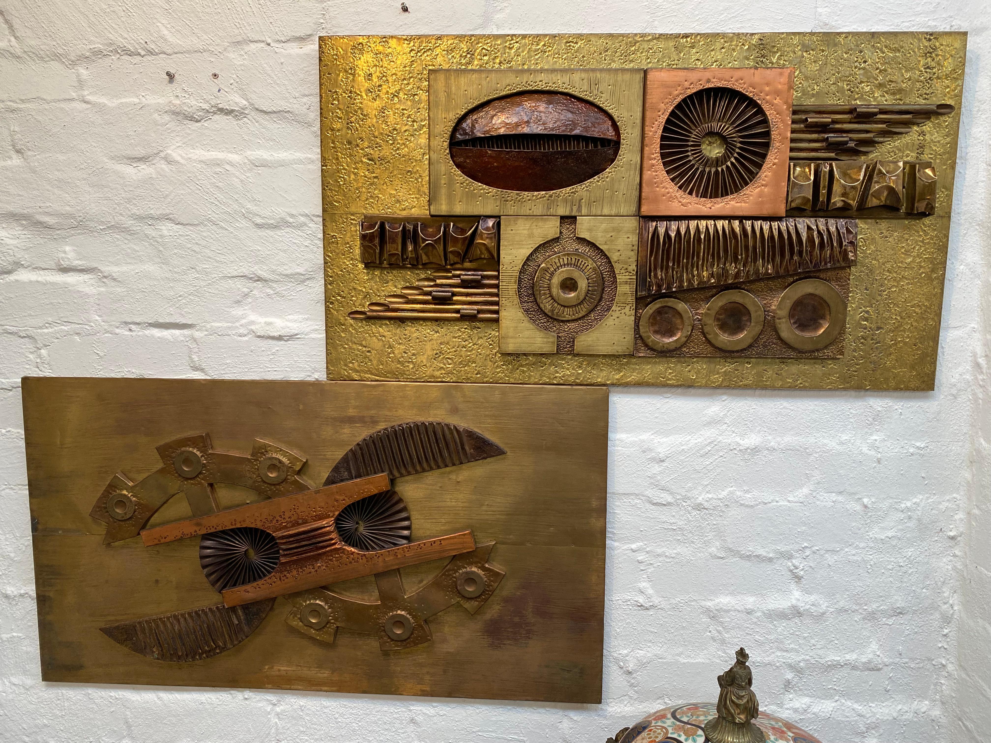 Appliqué Set of Brutalist Abstract Wall Sculptures Brass and Copper Stephen Chun, 1970s