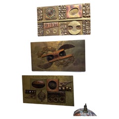 Vintage Set of Brutalist Abstract Wall Sculptures Brass and Copper Stephen Chun, 1970s