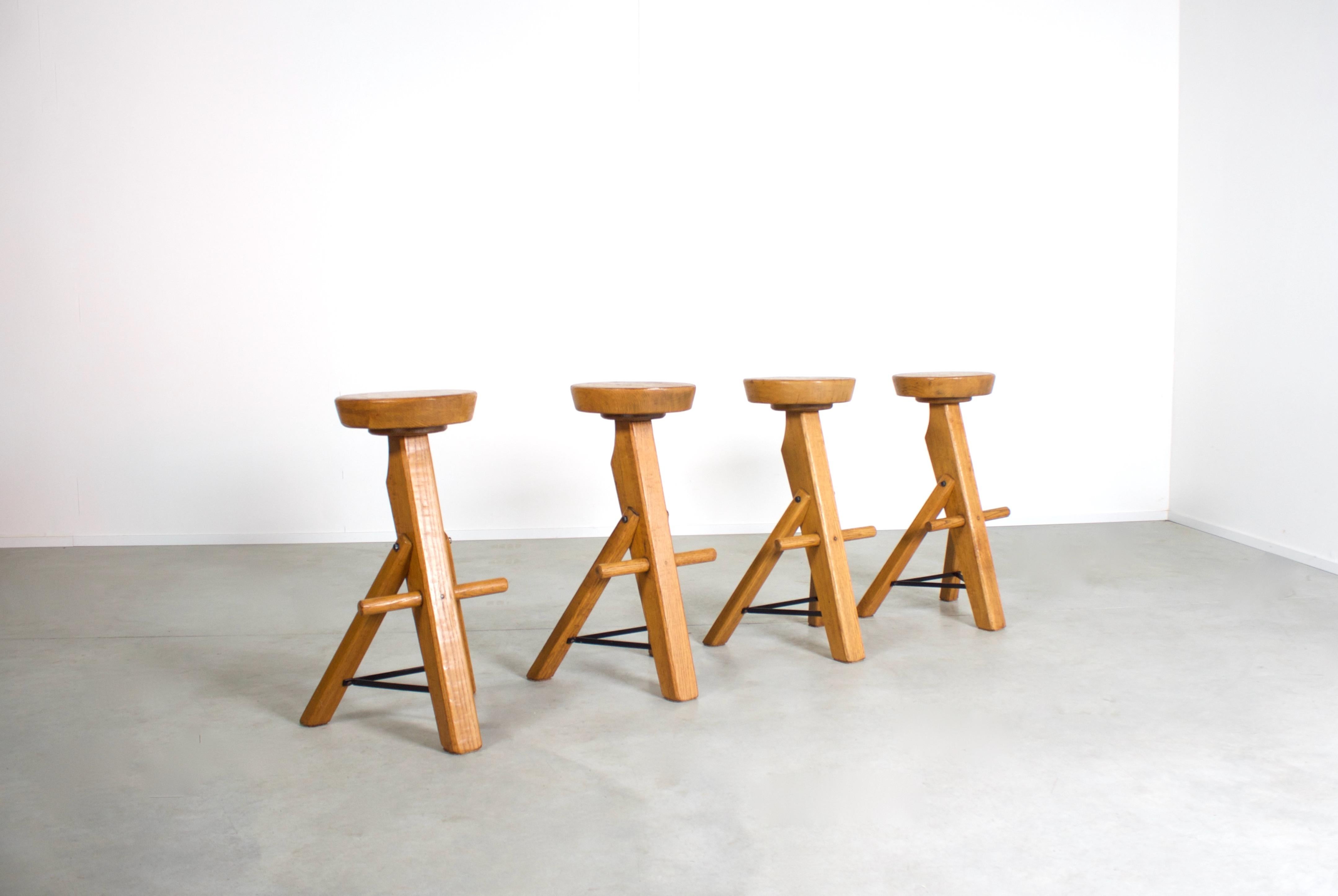 Set of Brutalist Bar Stools Made from Solid Oak, 1960s In Excellent Condition In Echt, NL