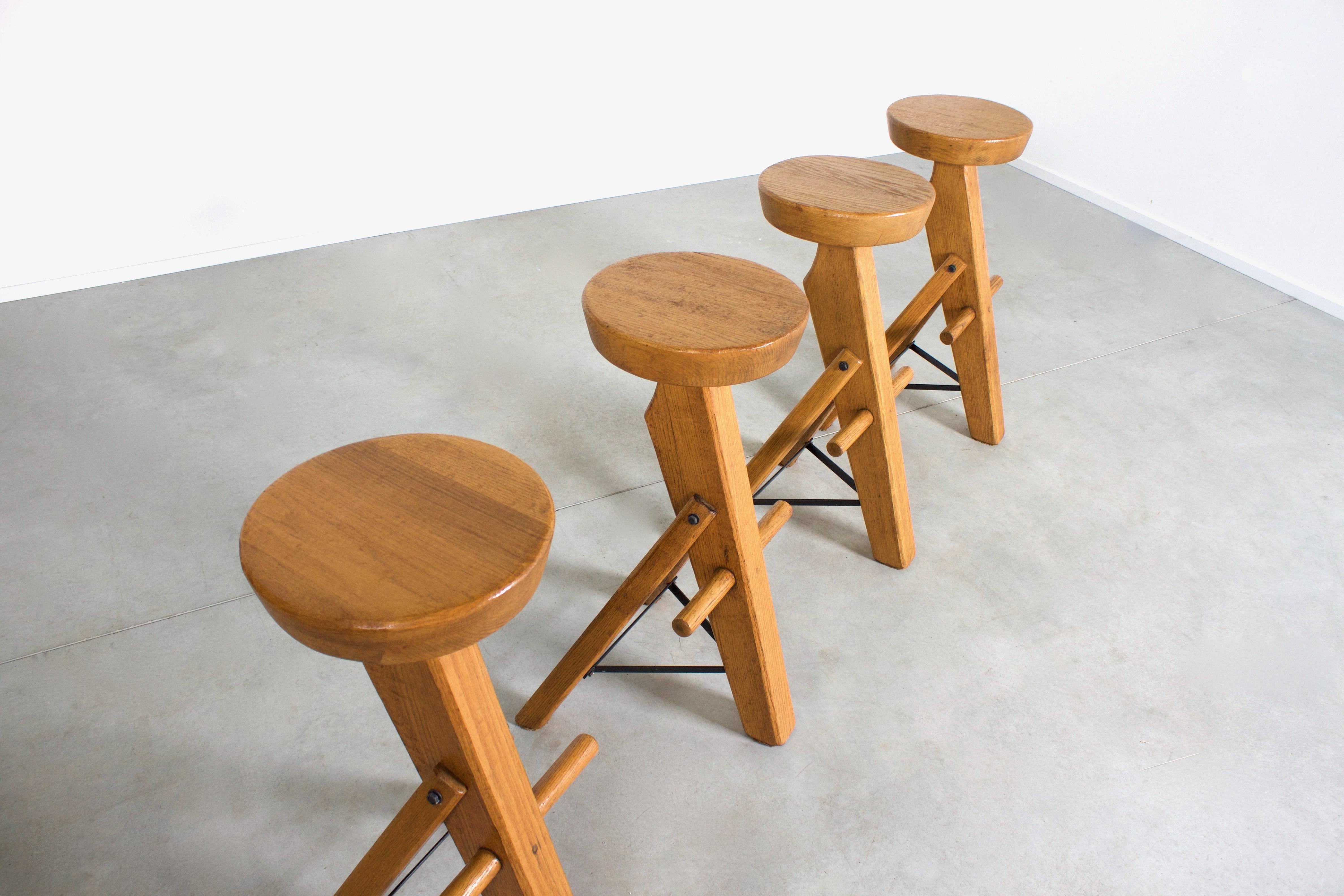 20th Century Set of Brutalist Bar Stools Made from Solid Oak, 1960s