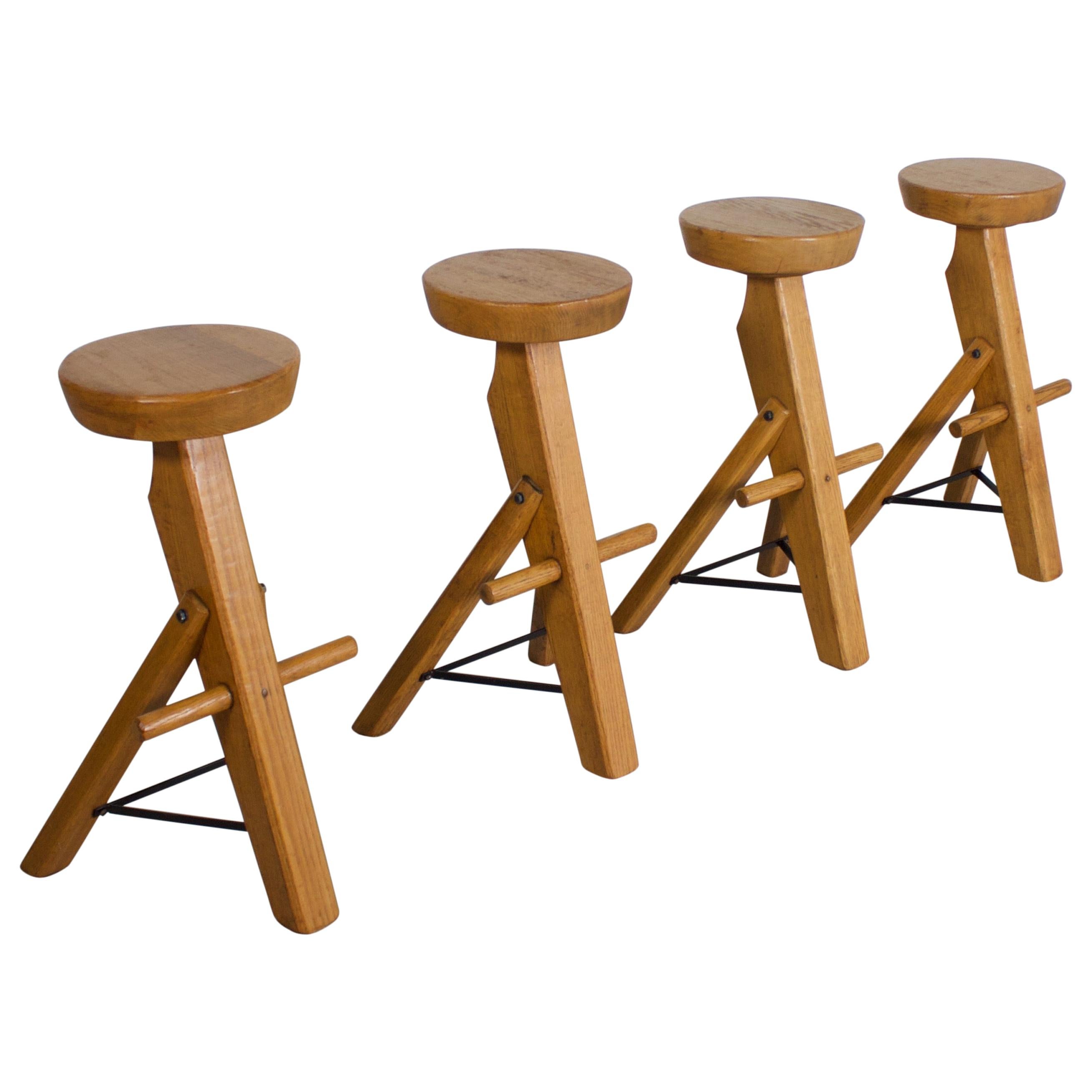 Set of Brutalist Bar Stools Made from Solid Oak, 1960s