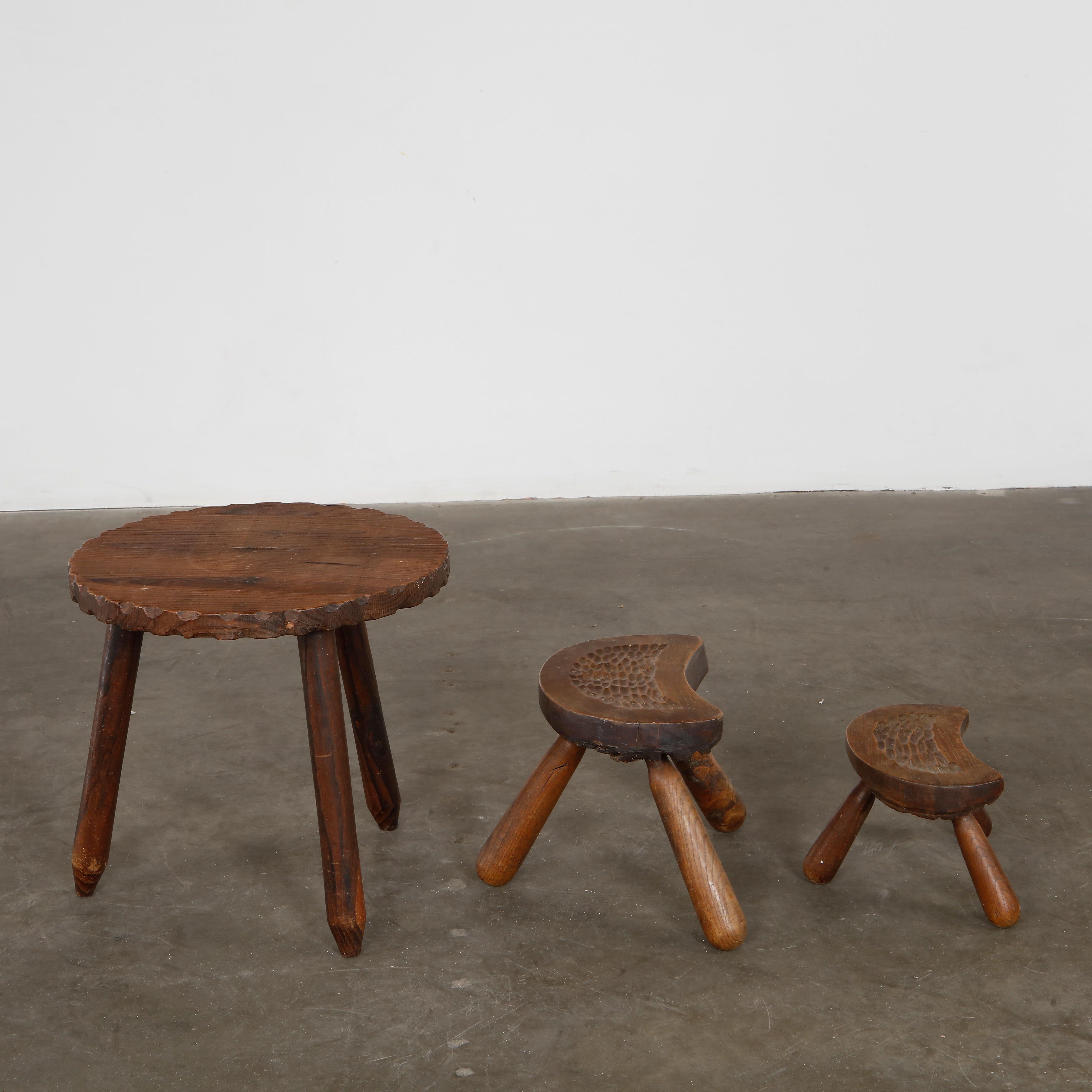 Set of Brutalist Coffee Table with Wooden Stools, 1960s In Good Condition For Sale In Gardena, CA
