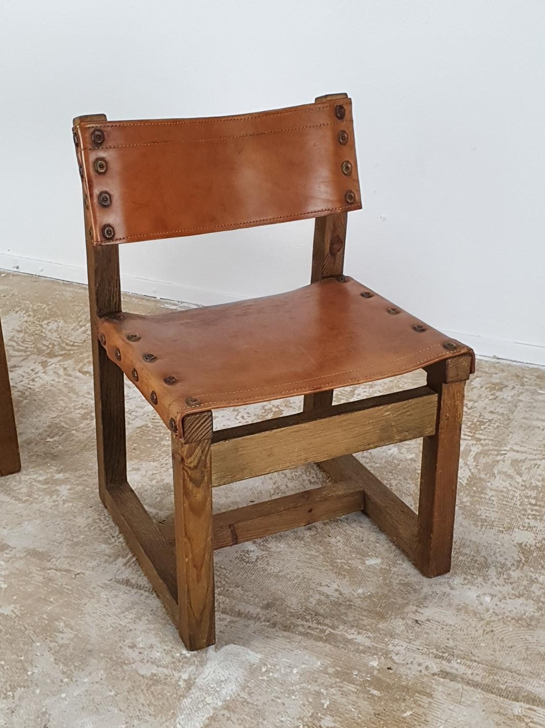 Set of Brutalist Cognac Leather Chairs 4