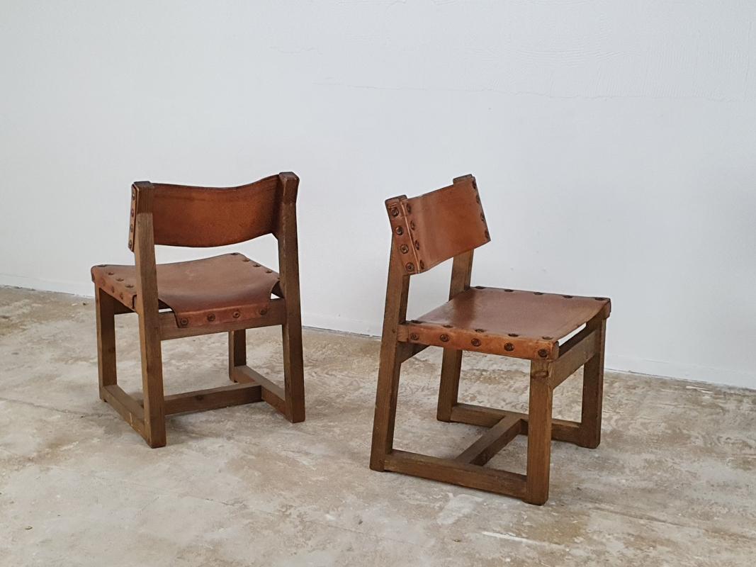 Set of Brutalist cognac leather chairs, Mid-Century Modern 1950s.