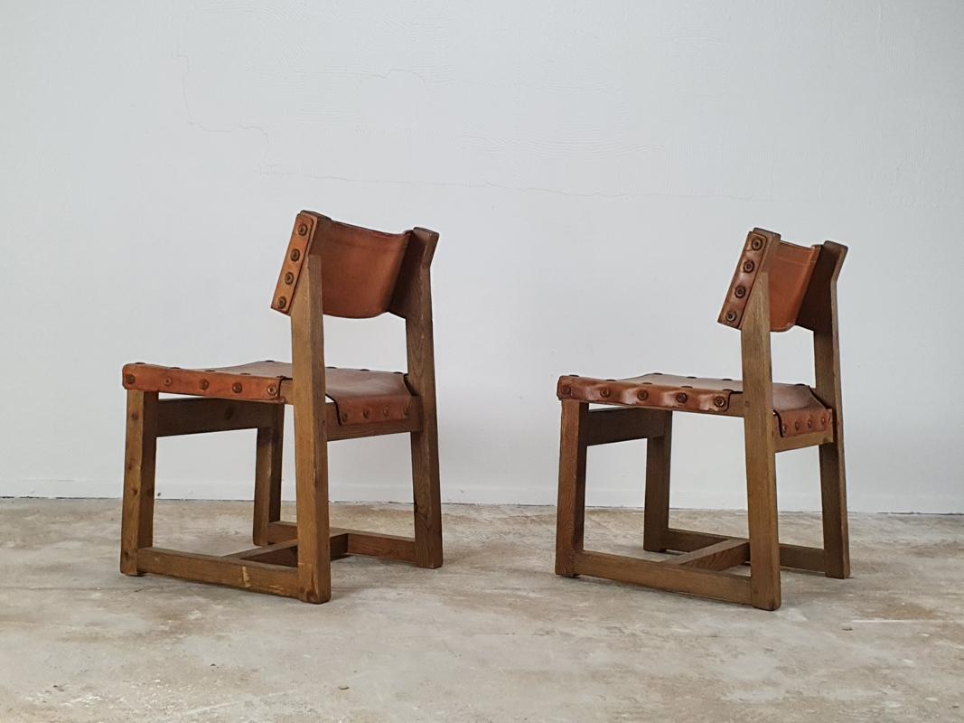Mid-Century Modern Set of Brutalist Cognac Leather Chairs
