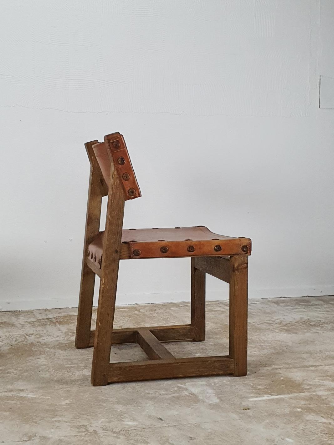 European Set of Brutalist Cognac Leather Chairs