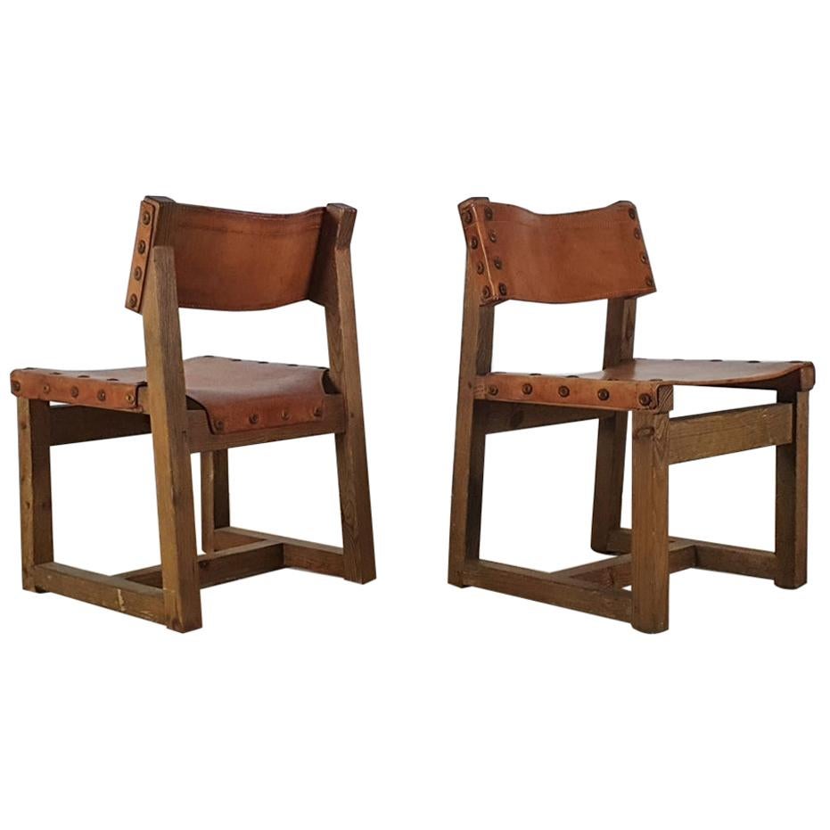 Set of Brutalist Cognac Leather Chairs