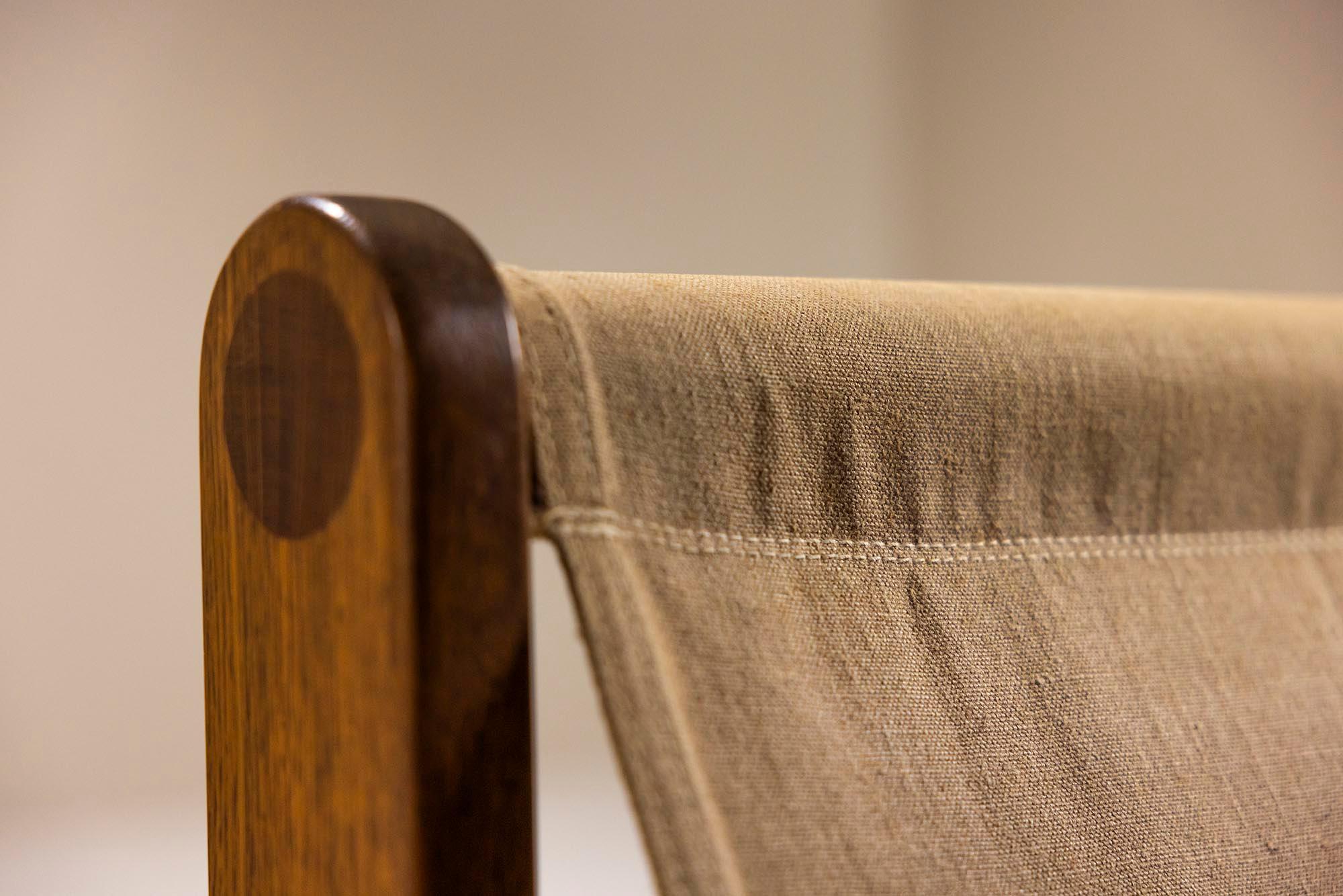 Set of Brutalist Sling Chairs and Coffee Table in Oak and Canvas, 1970s 6