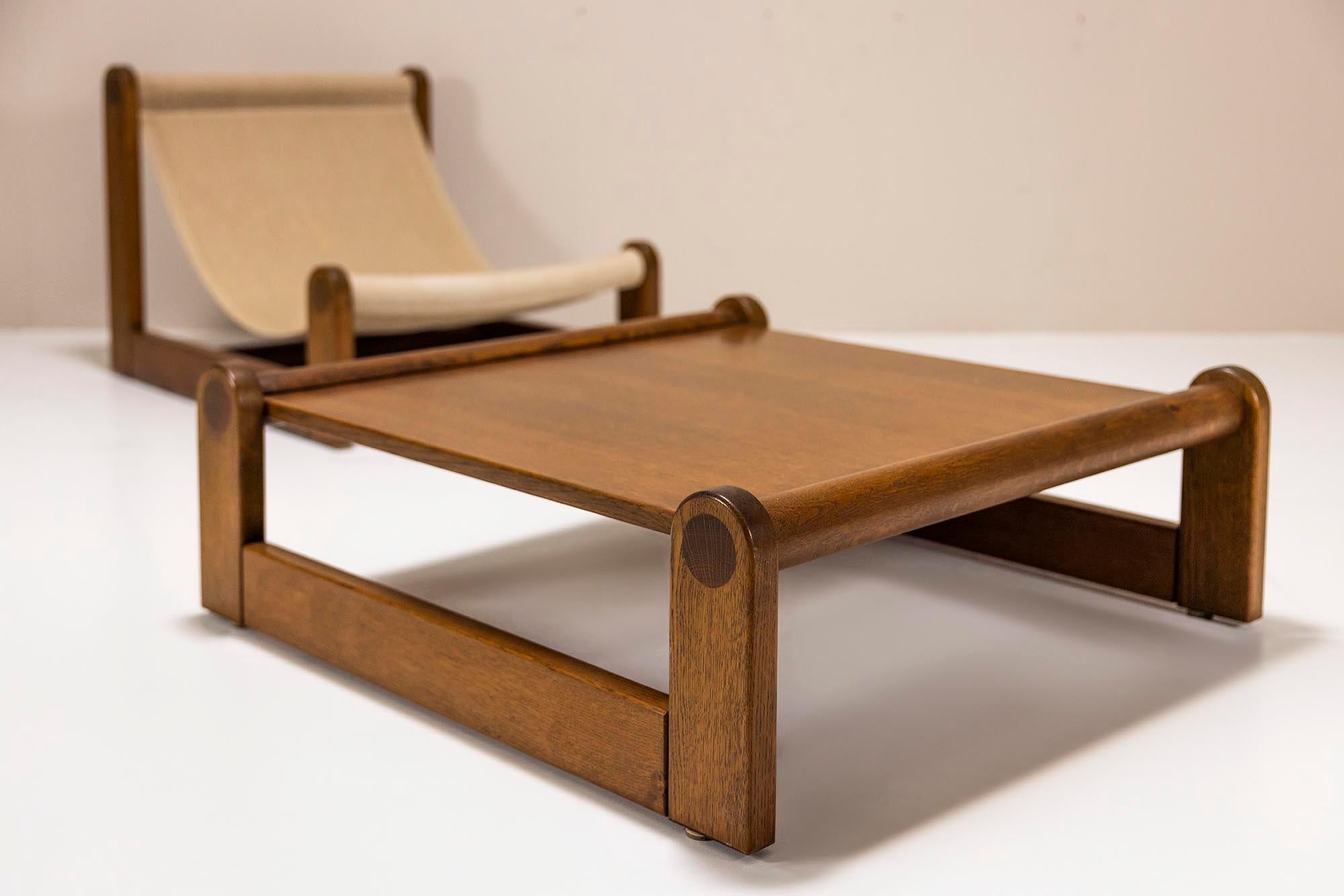 Set of Brutalist Sling Chairs and Coffee Table in Oak and Canvas, 1970s 7