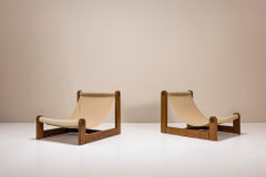 Set of Brutalist Sling Chairs and Coffee Table in Oak and Canvas, 1970s