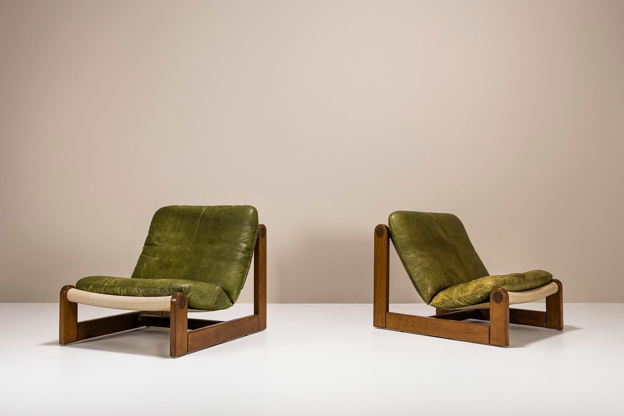 European Set of Brutalist Sling Chairs and Coffee Table in Oak and Canvas, 1970s