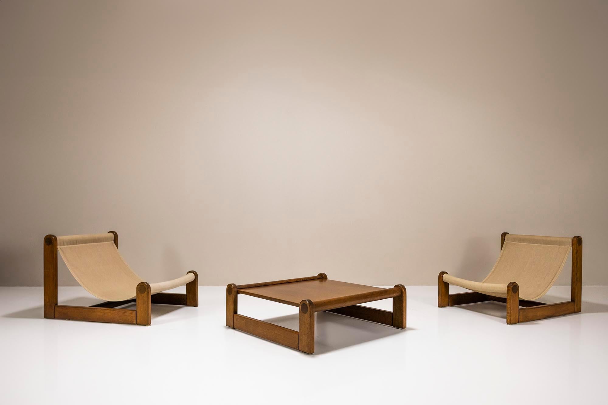 Set of Brutalist Sling Chairs and Coffee Table in Oak and Canvas, 1970s In Good Condition In Hellouw, NL