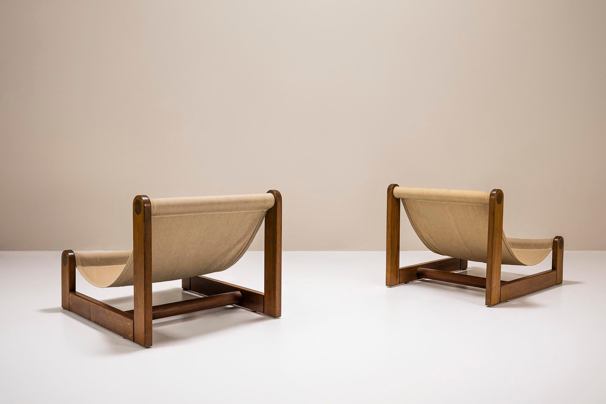 Late 20th Century Set of Brutalist Sling Chairs and Coffee Table in Oak and Canvas, 1970s