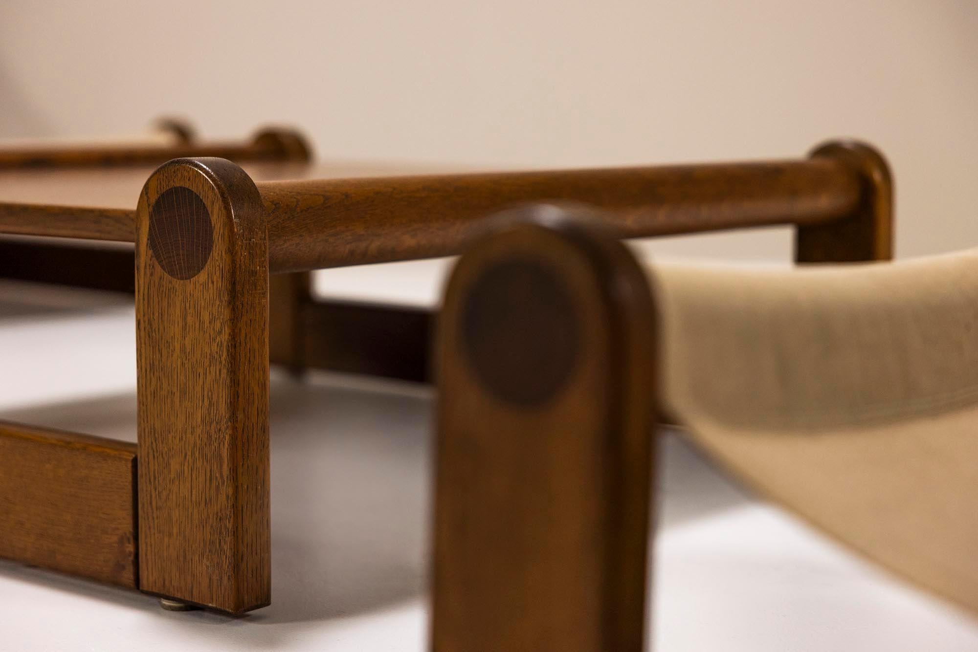 Set of Brutalist Sling Chairs and Coffee Table in Oak and Canvas, 1970s 1
