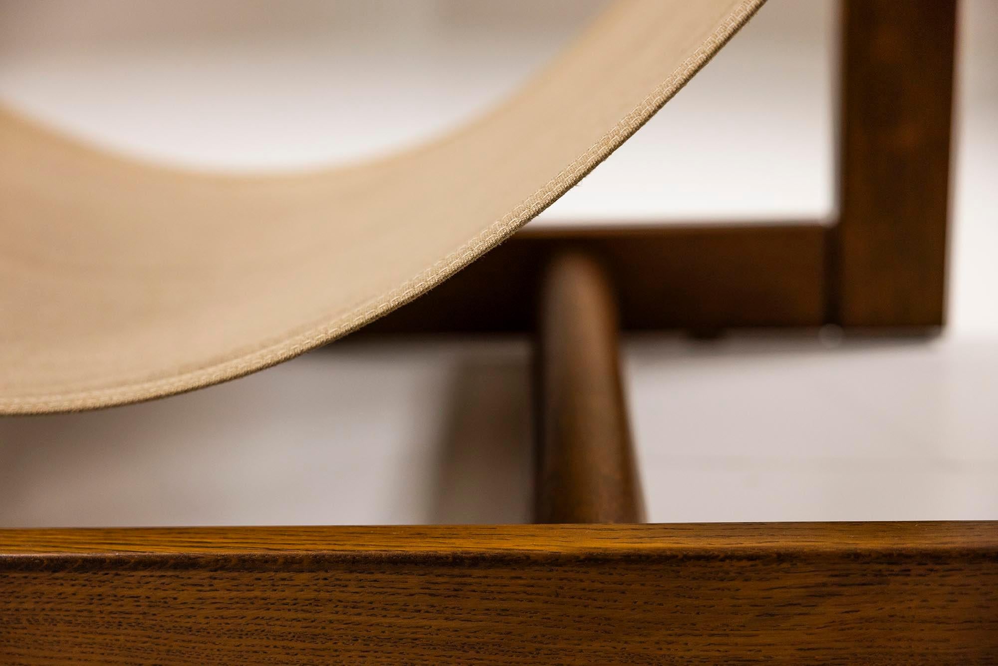 Set of Brutalist Sling Chairs and Coffee Table in Oak and Canvas, 1970s 2