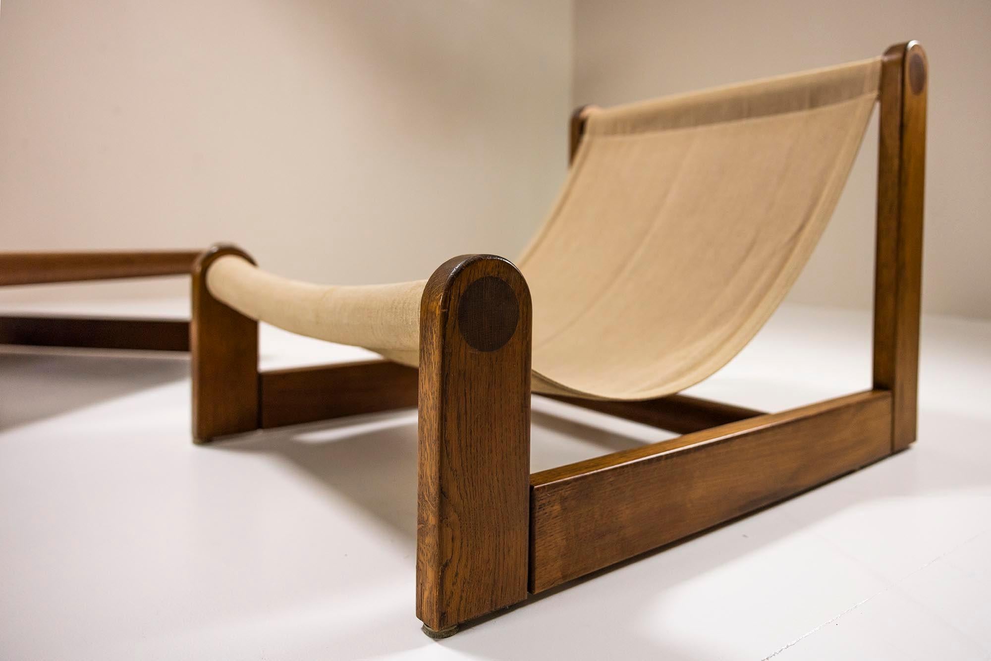 Set of Brutalist Sling Chairs and Coffee Table in Oak and Canvas, 1970s 4