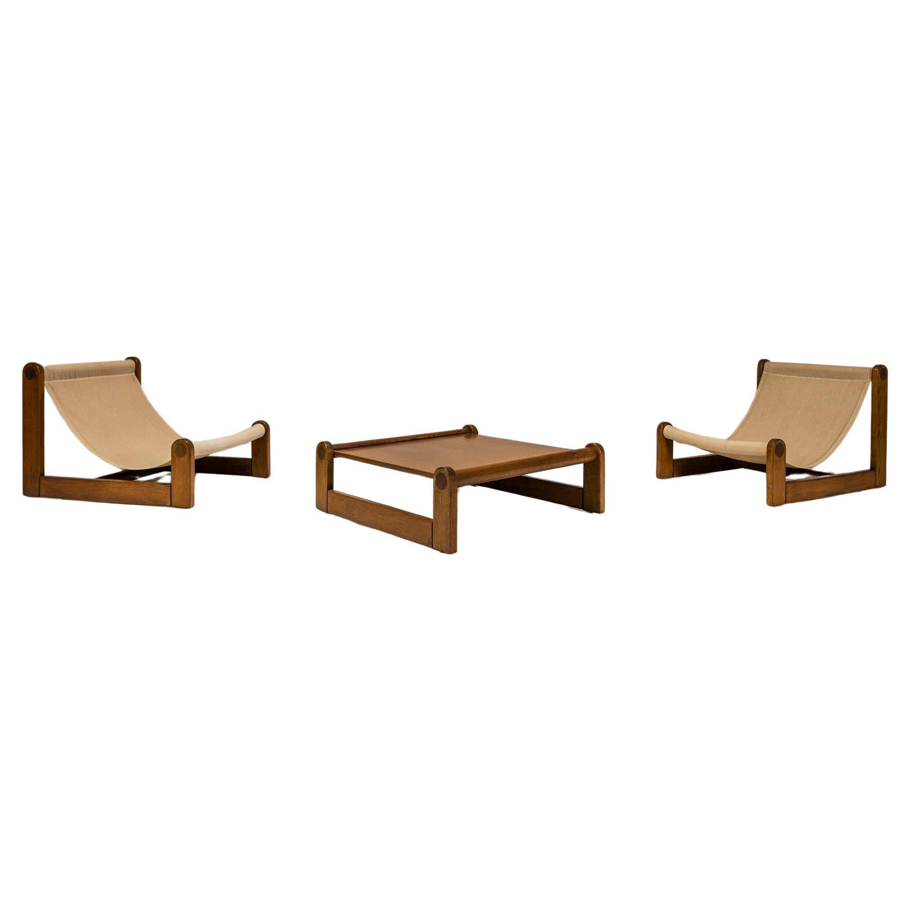 Set of Brutalist Sling Chairs and Coffee Table in Oak and Canvas, 1970s