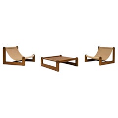 Set of Brutalist Sling Chairs and Coffee Table in Oak and Canvas, 1970s