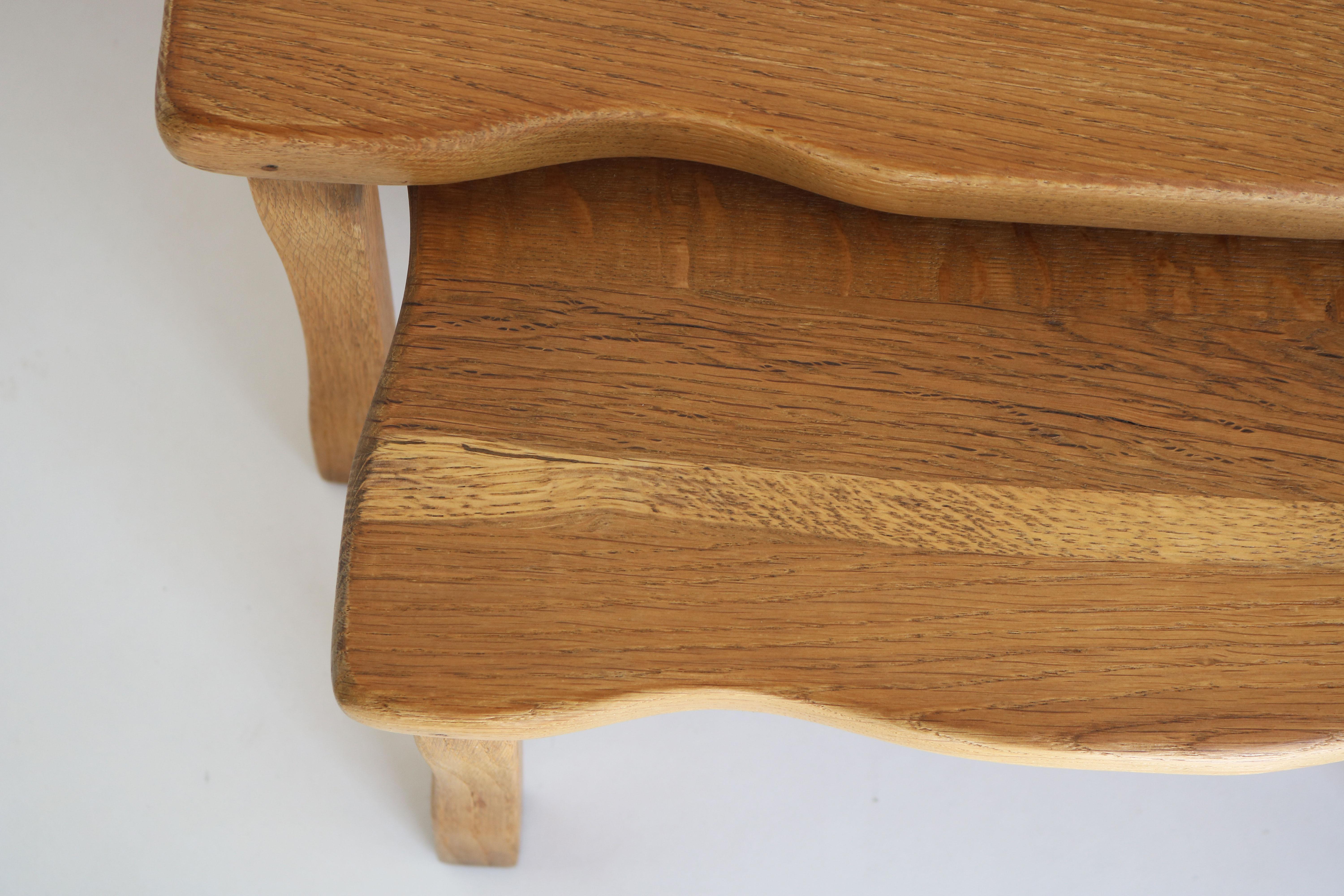 Timeless & stunning. These unique organic Nesting Tables, inspired by the brutalist movement designed & produced in the 1960s. Crafted from solid European oak, these unique pieces embody the fusion of modernist design and natural beauty.
The