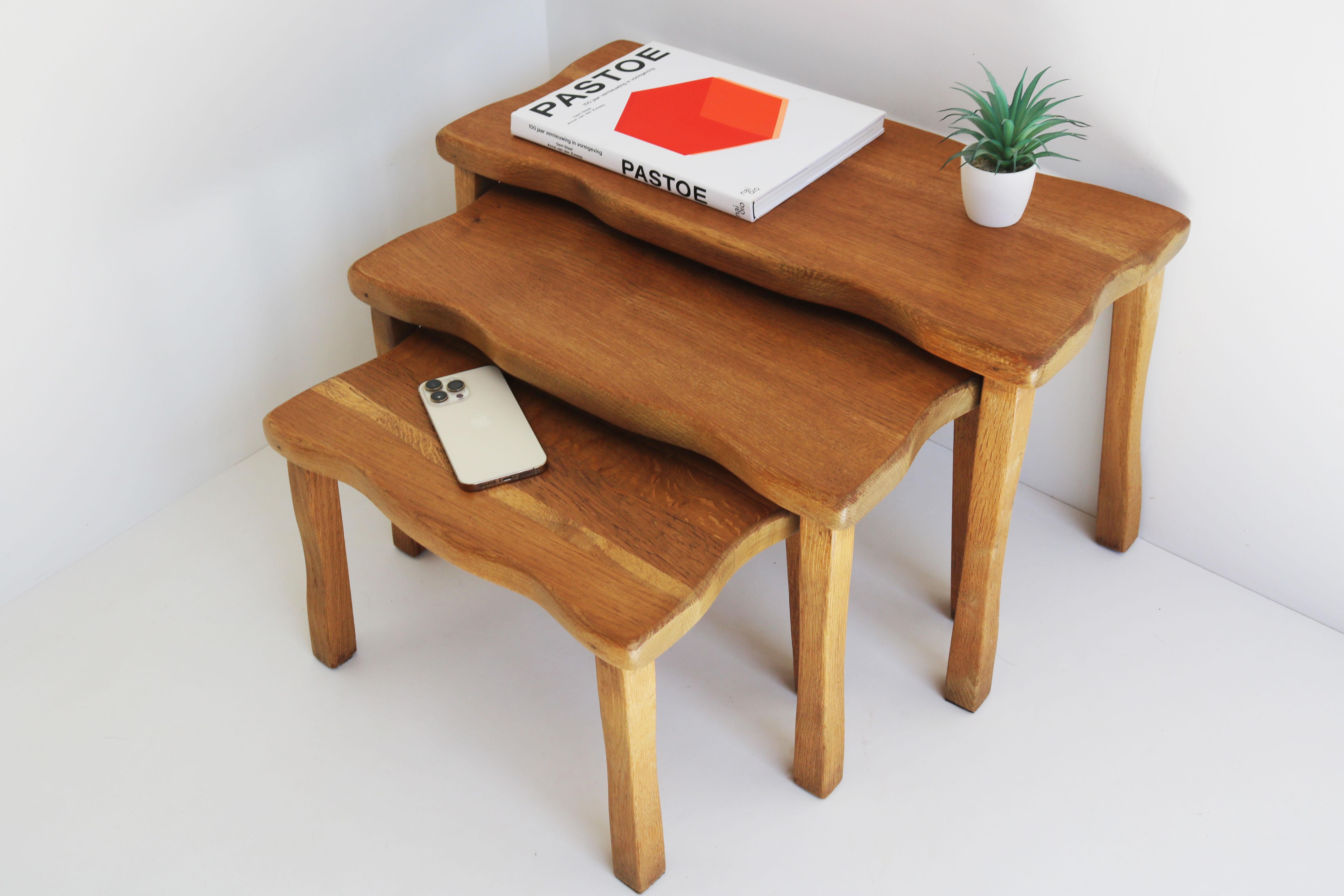 French Set of Brutalist organic nesting tables solid oak European free form 1960 france For Sale