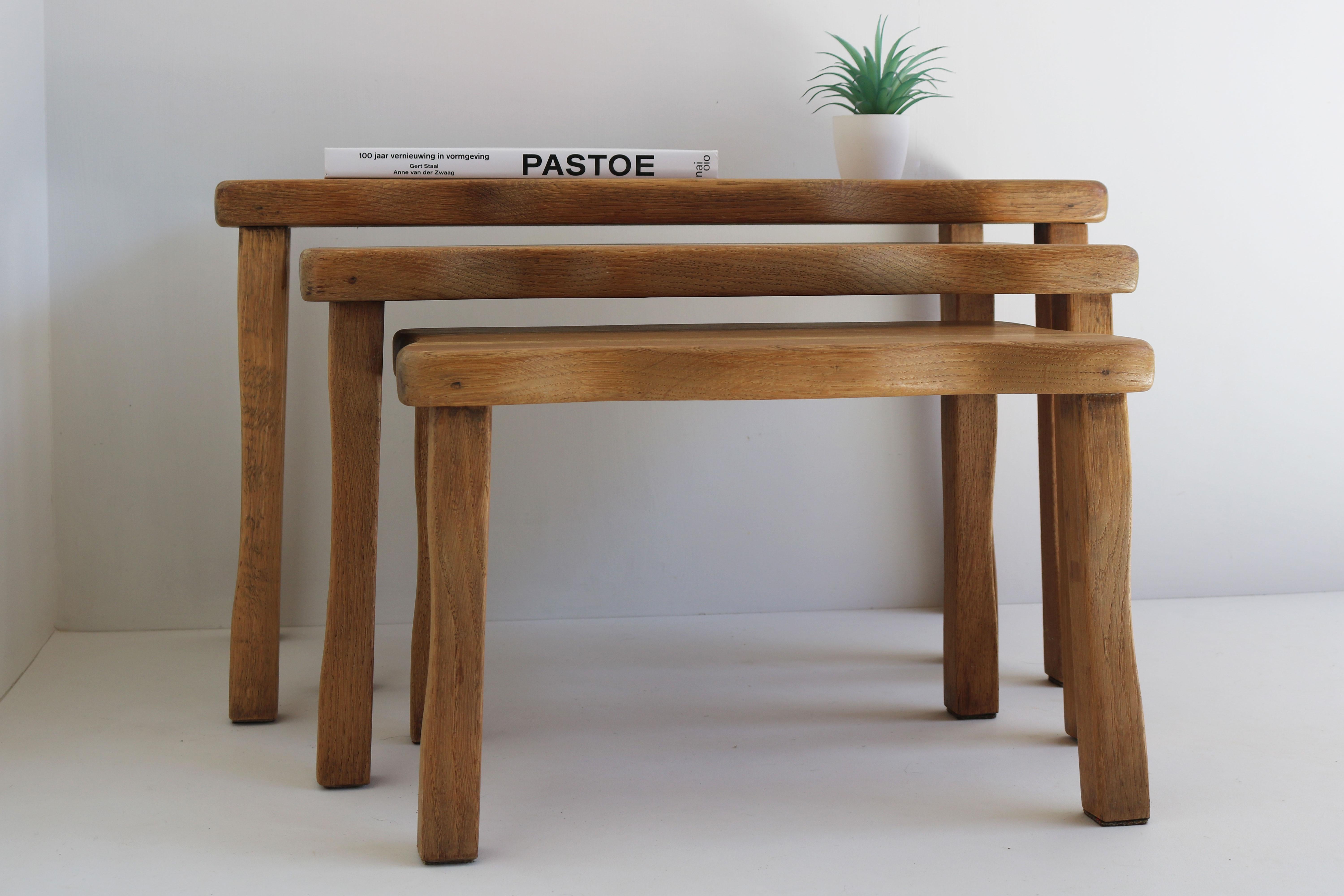 Mid-20th Century Set of Brutalist organic nesting tables solid oak European free form 1960 france For Sale
