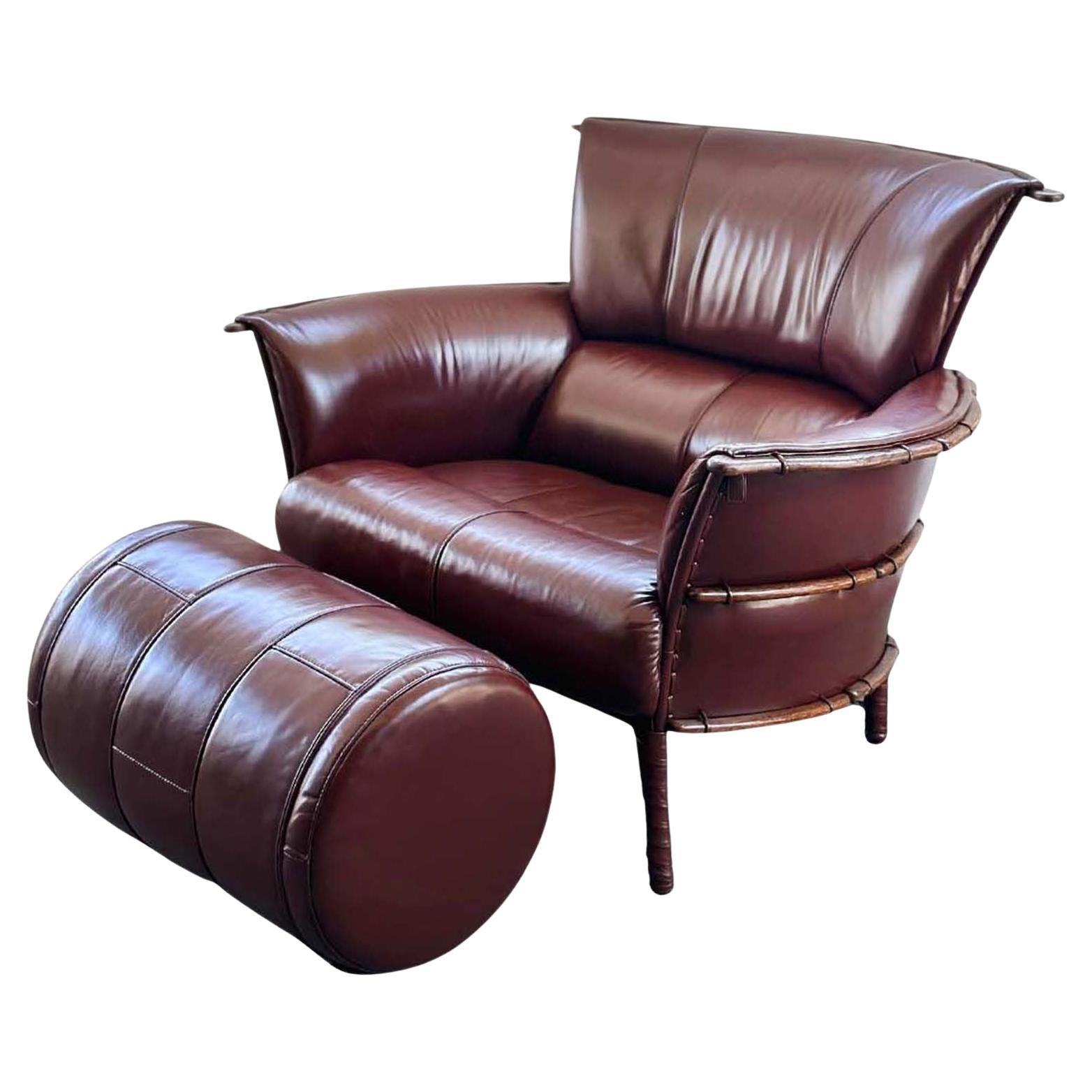 Set of Burgundy Leather Armchair and Ottoman by Pacific Green For Sale