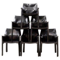Set of Cab Chairs by Mario Bellini, 6 Arm in Black Leather, 1970s