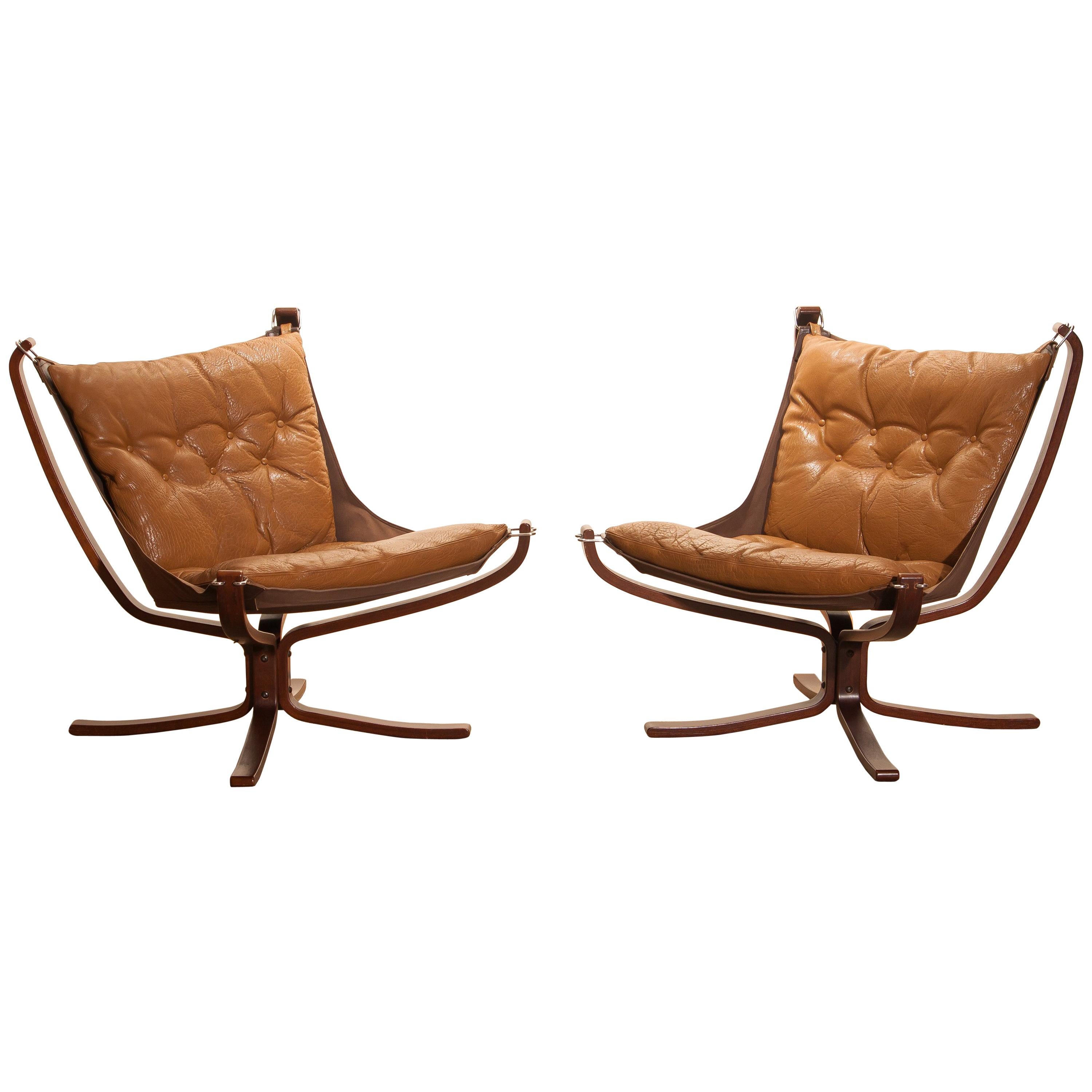 Mid-Century Modern Set of Camel Leather 'Falcon' Lounge Chairs or Easy Chairs by Sigurd Ressell