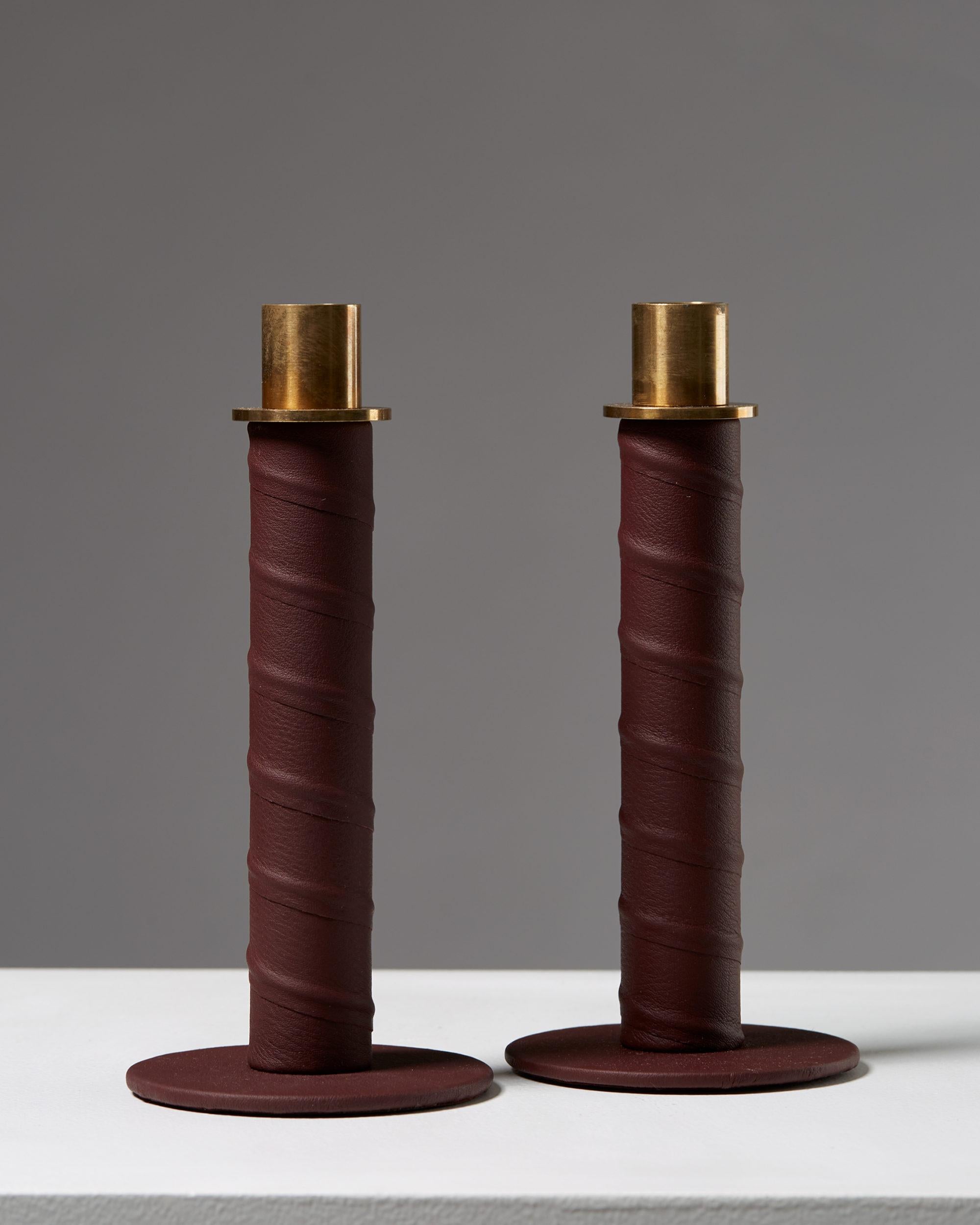 Set of candlesticks “Herrgård” designed by Alexander Lervik, Sweden, 2013.
Steel, leather and brass.

Measures: Height 19 cm/ 7 3/8