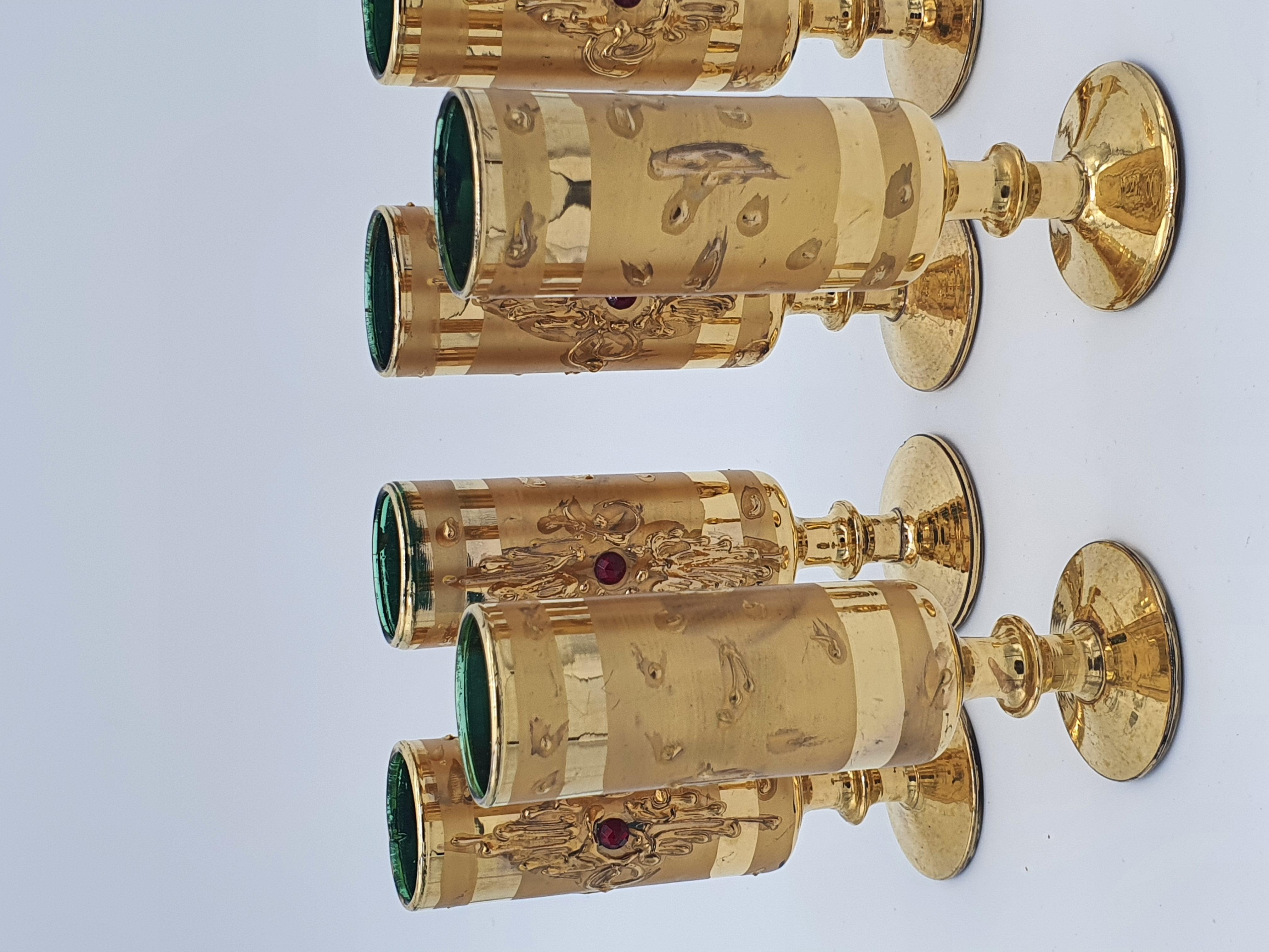 Set of Carafe and 11 Glasses from the 1950s in Gold Coated Glass 11