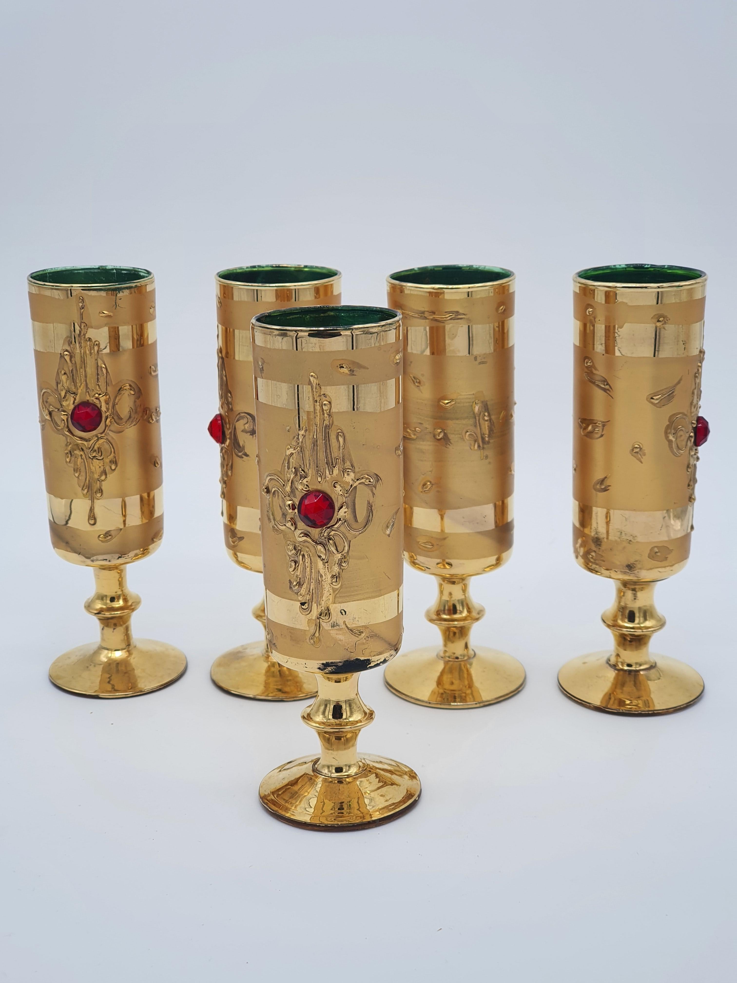 Set of Carafe and 11 Glasses from the 1950s in Gold Coated Glass 2