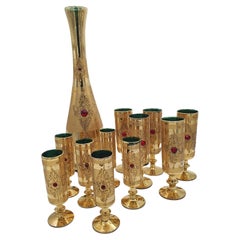 Set of Carafe and 11 Glasses from the 1950s in Gold Coated Glass