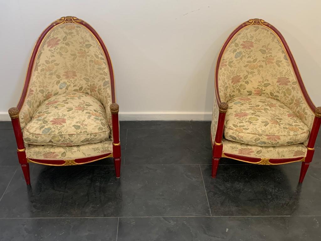 Art déco Ensemble de fauteuils laqués rouge cardinal en vente