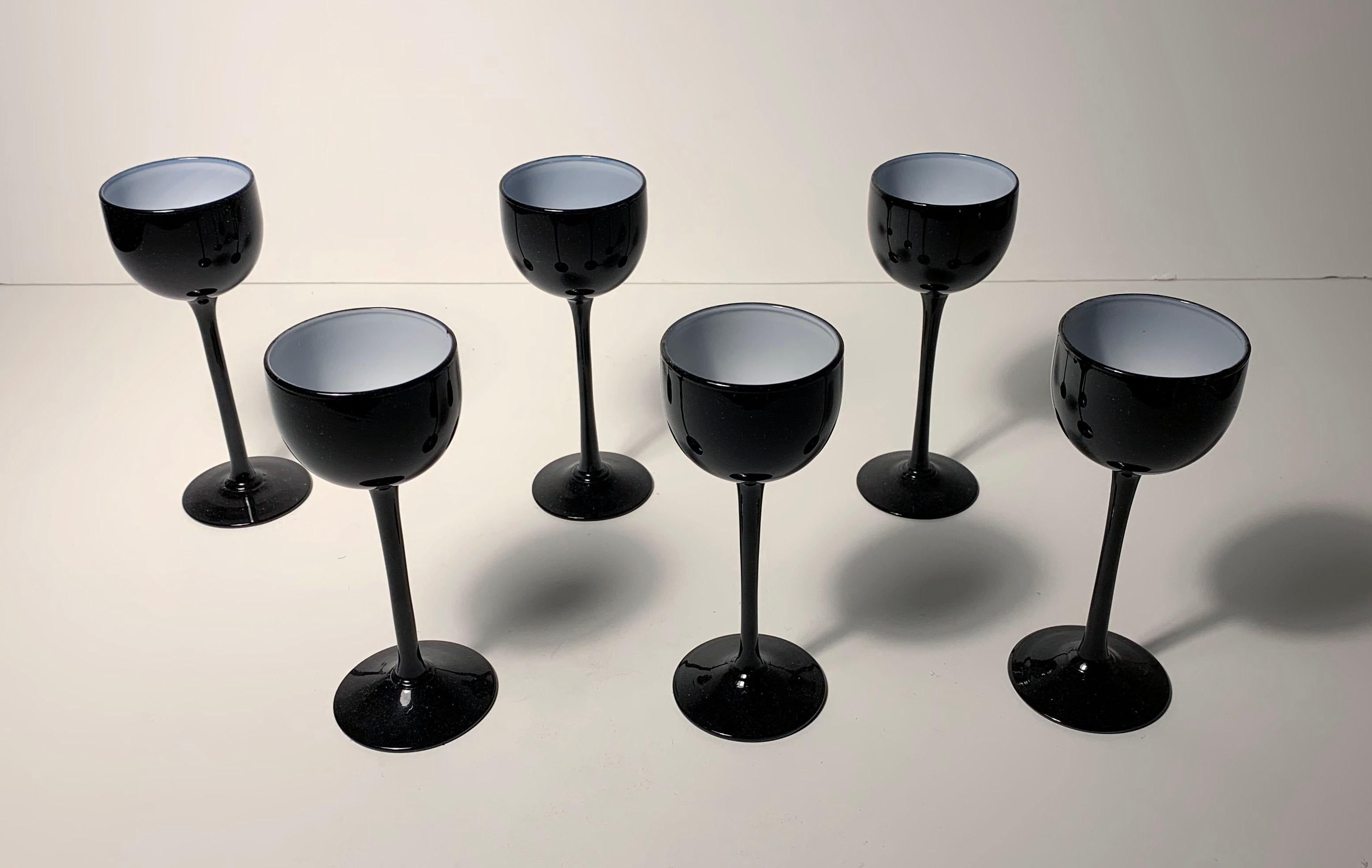 Mid-Century Modern Set of Carlo Moretti / Empoli Cased Glass Black Wine Glasses
