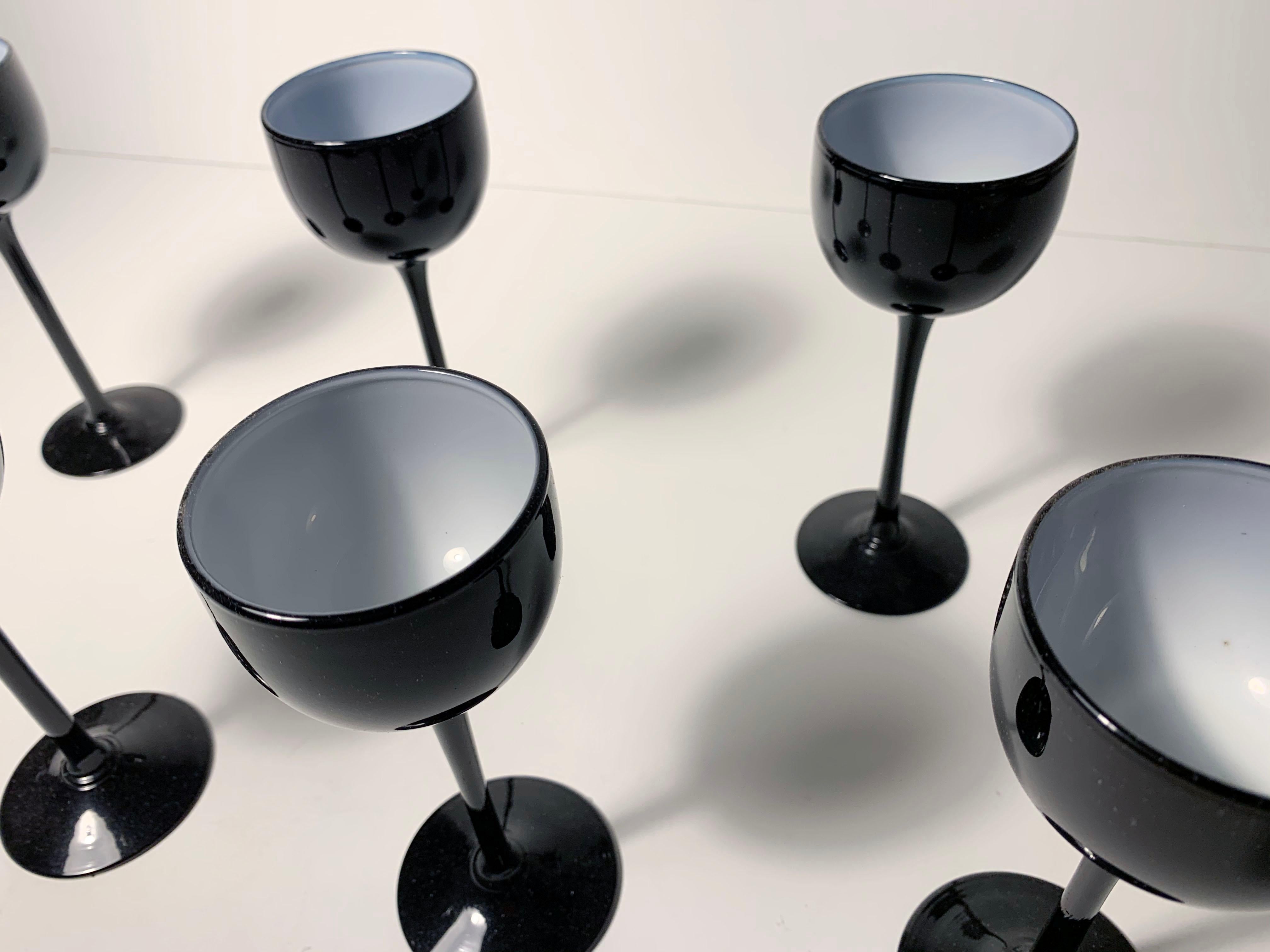 Italian Set of Carlo Moretti / Empoli Cased Glass Black Wine Glasses