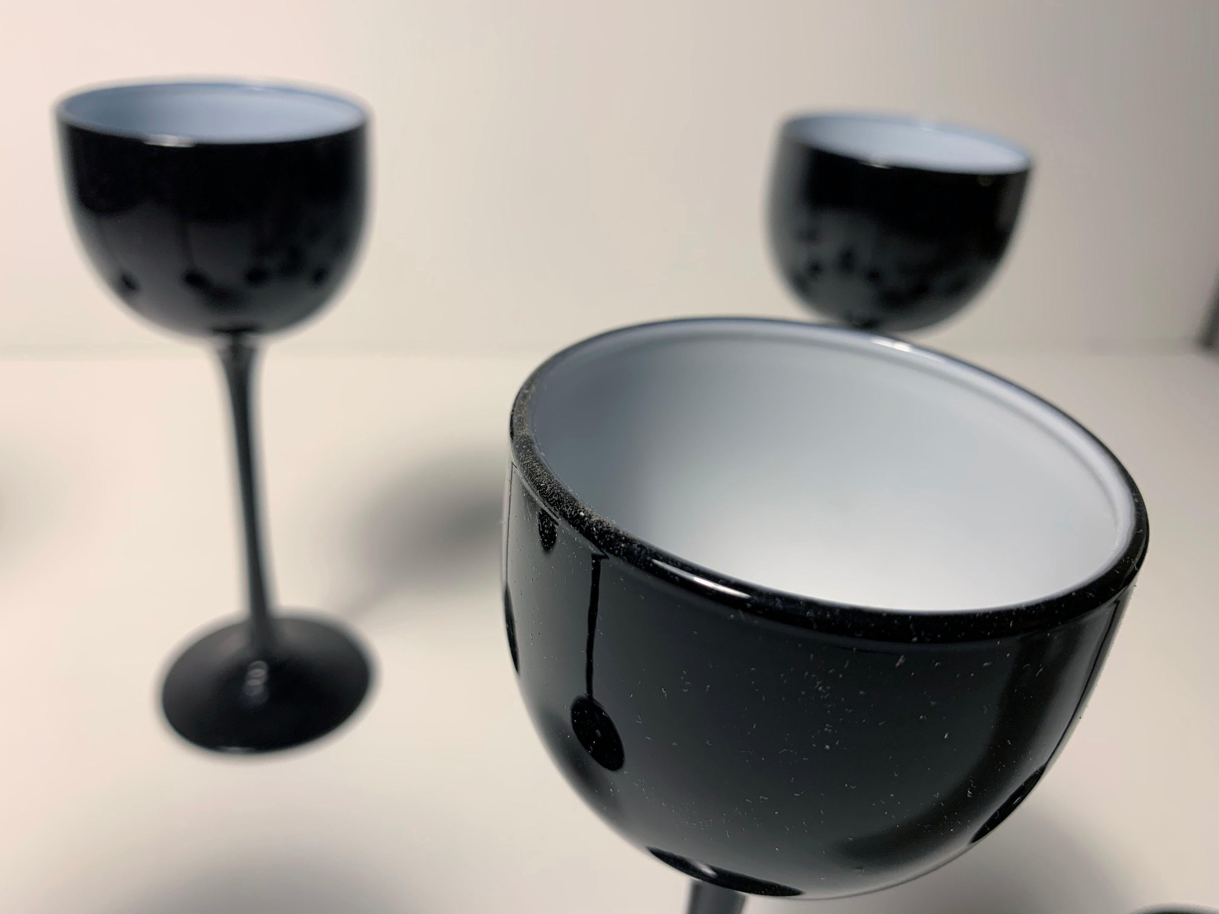 Set of Carlo Moretti / Empoli Cased Glass Black Wine Glasses In Good Condition In Chicago, IL