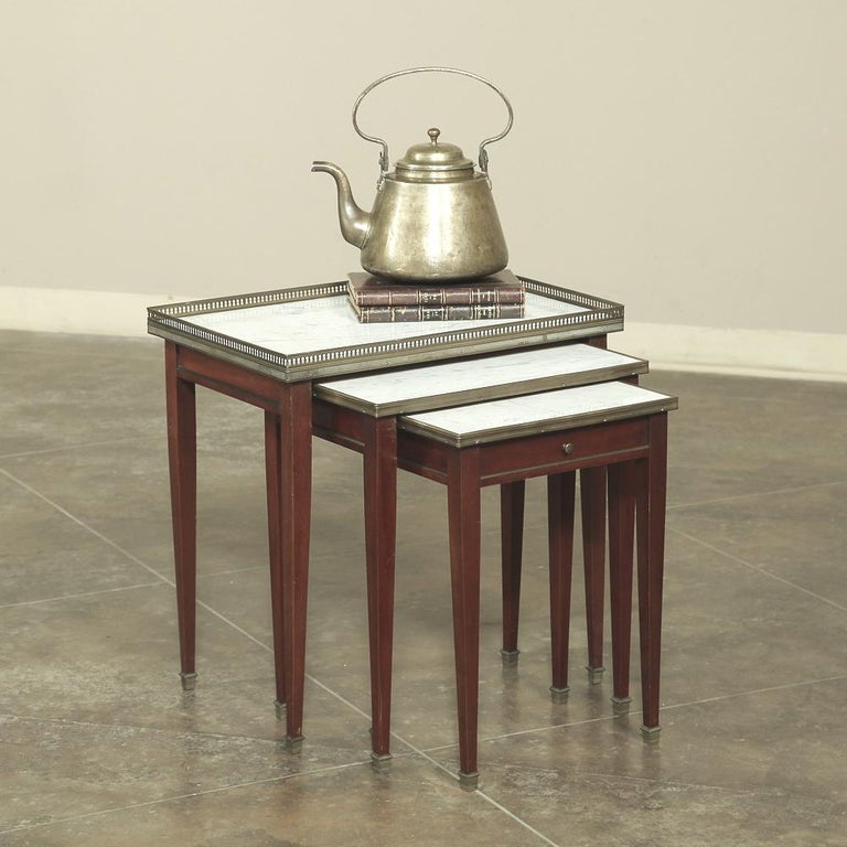Set of Carrara Marble Top Directoire Style Mahogany Nesting Tables with