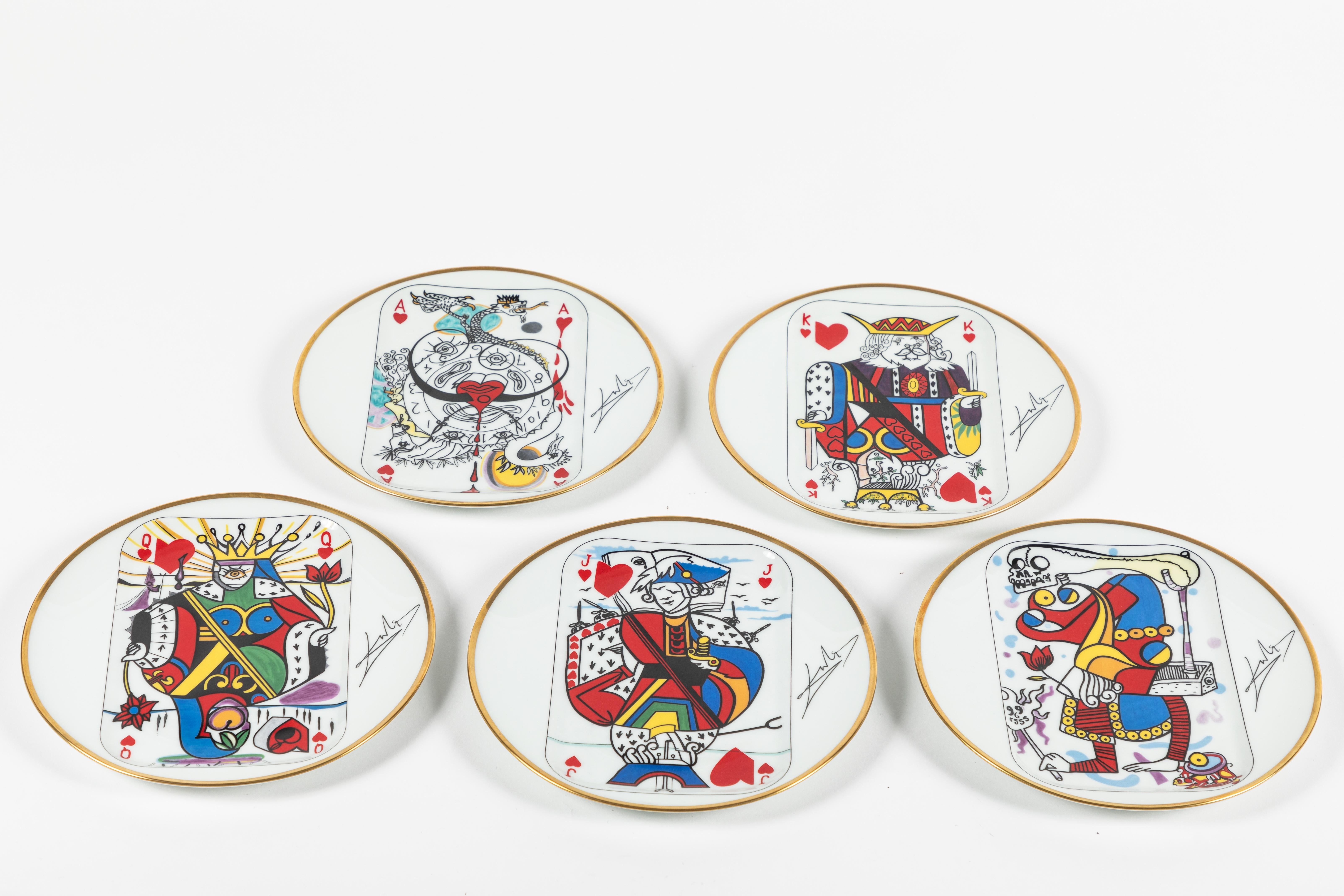 Great full set of “Face Card” plates manufactured in Limoges France by Puiforcat and Decoration by Salvador Dali. The set includes the King, Queen, Jack, Ace, and Joker. From an edition of 2000 plates all plates are numbered. As seen in the listing