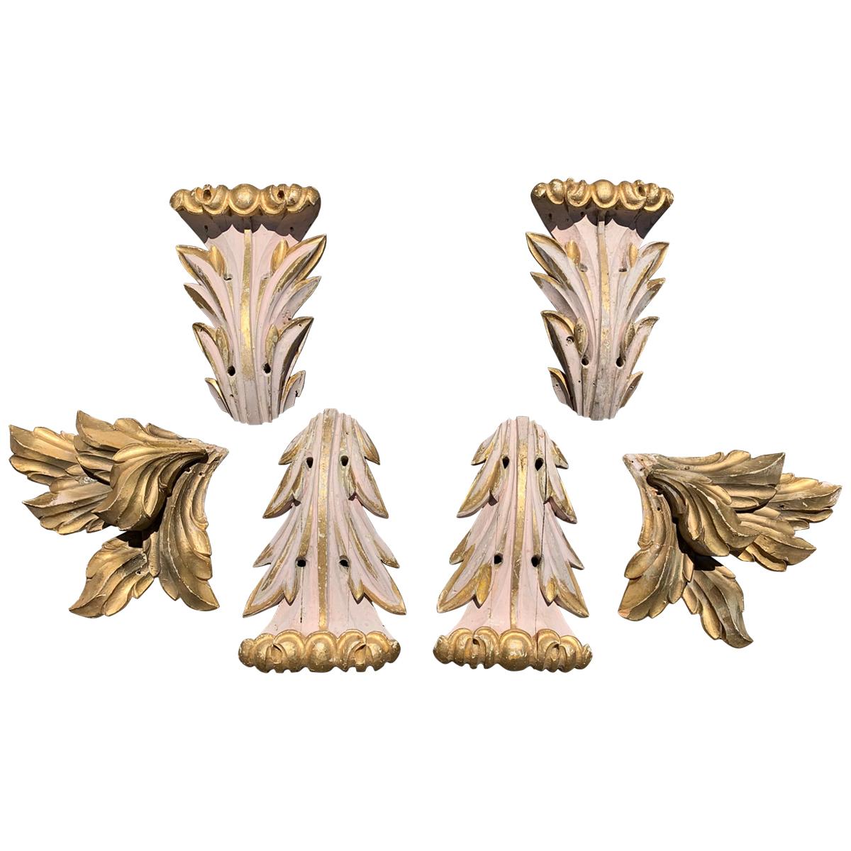 Set of Carved Italian Wooden Parcel Gilt Neoclassical Appliques For Sale