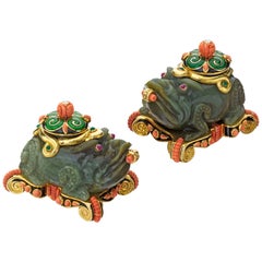 Used Set of Carved Jade Enamel Coral Diamond and Gem Set Foo-Dog Boxes David Webb