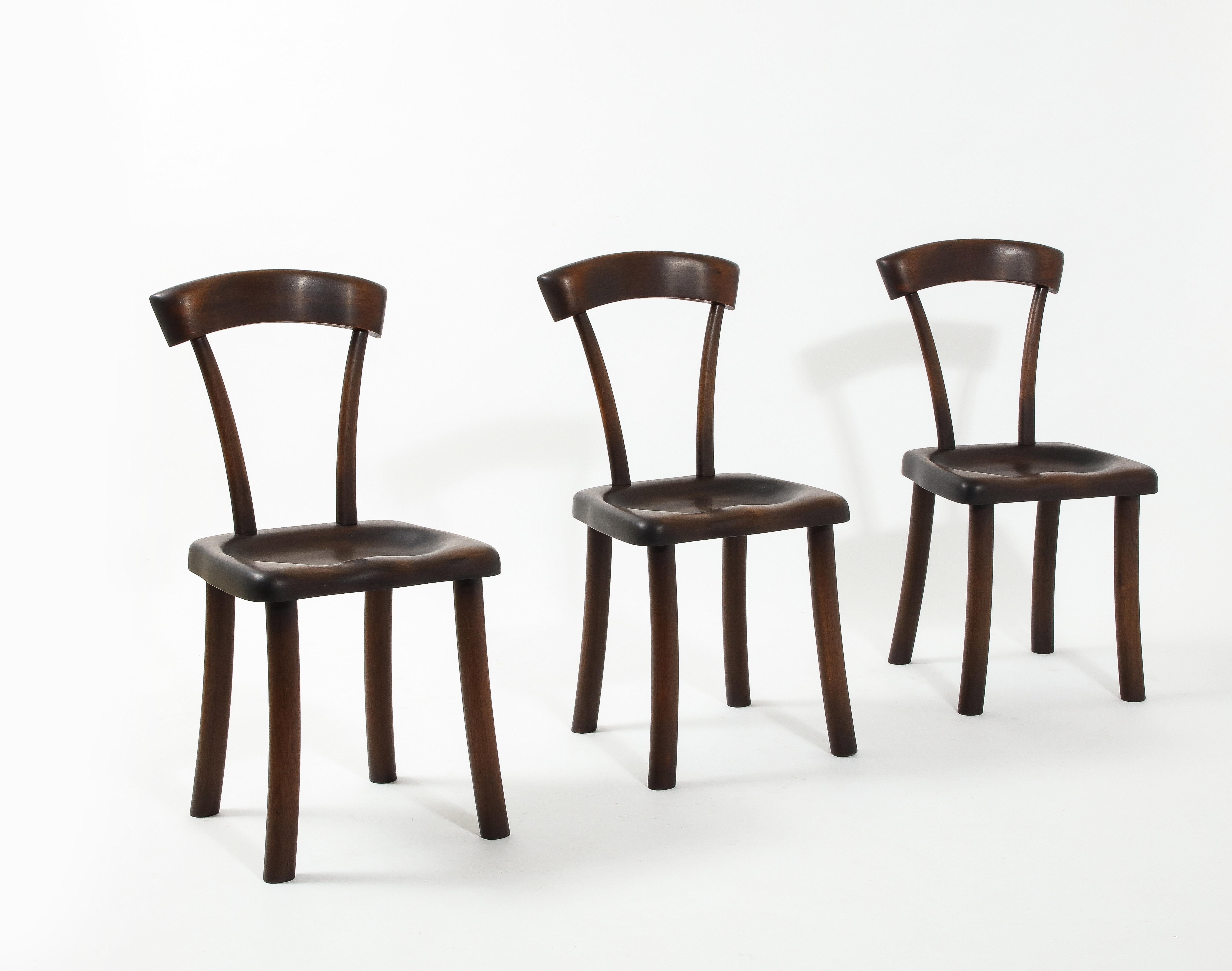 Set of Carved Mahogany Dining Chairs After Alexandre Noll, France 1960's For Sale 4