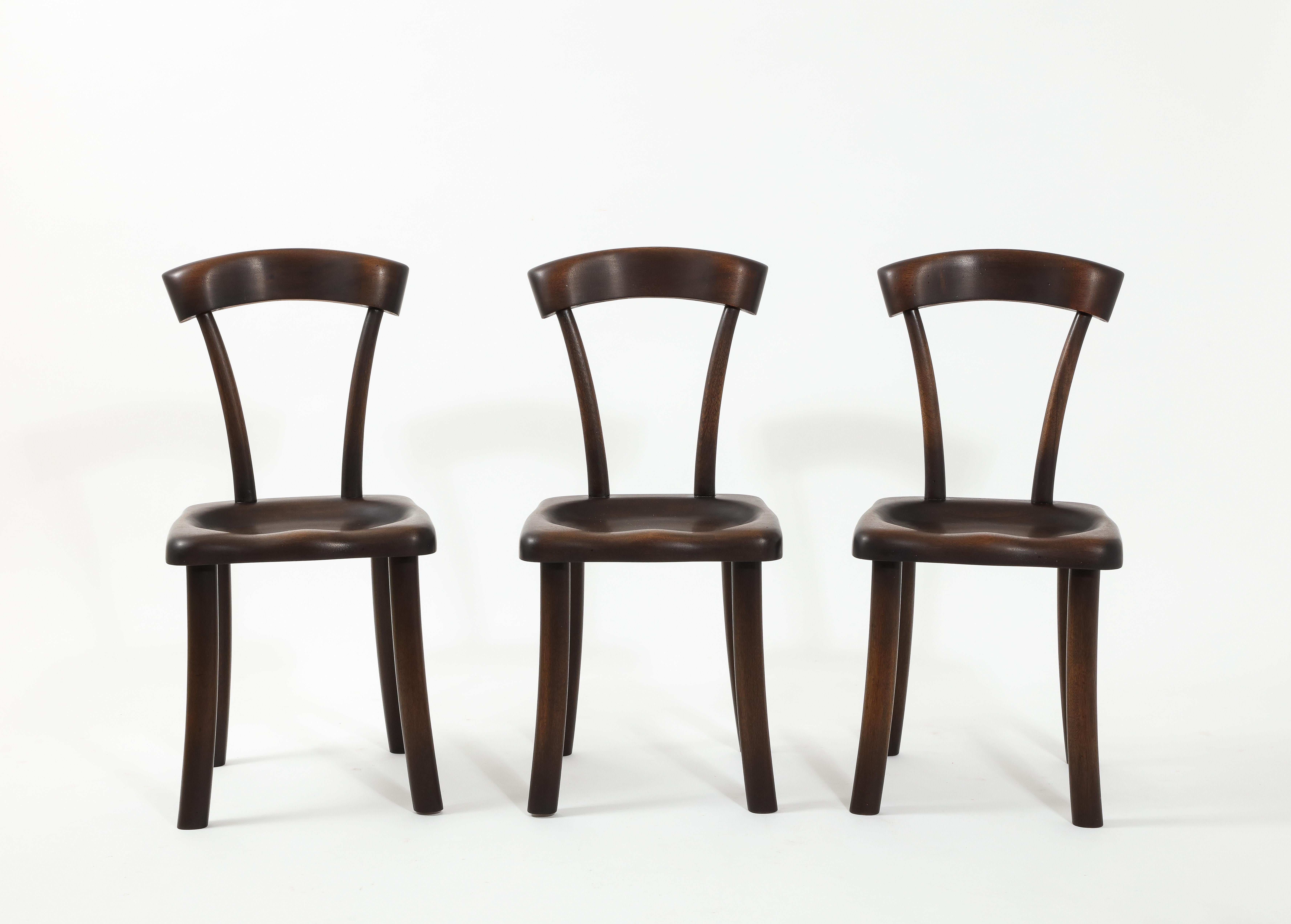 Mid-Century Modern Set of Carved Mahogany Dining Chairs After Alexandre Noll, France 1960's For Sale