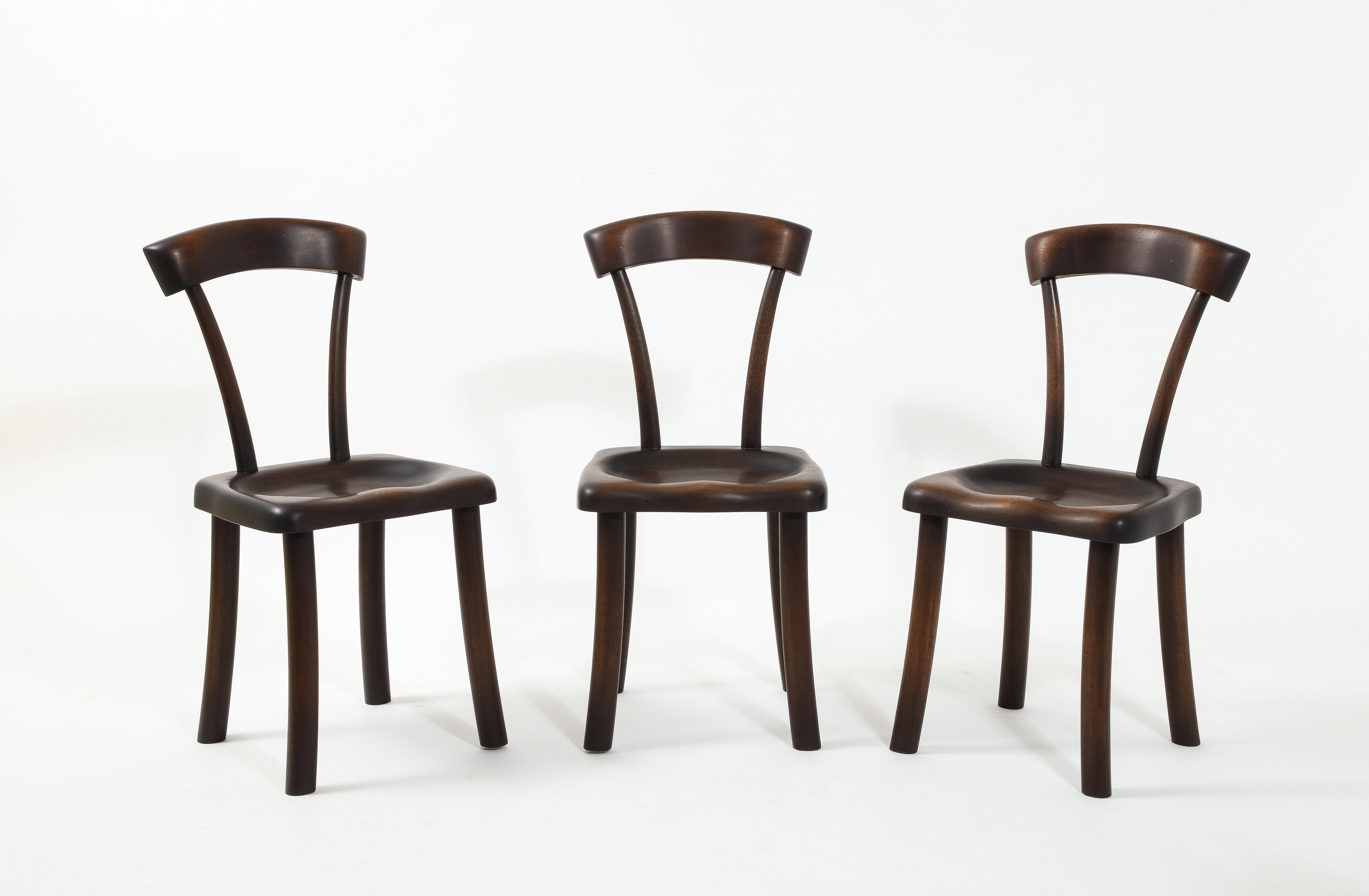 French Set of Carved Mahogany Dining Chairs After Alexandre Noll, France 1960's For Sale