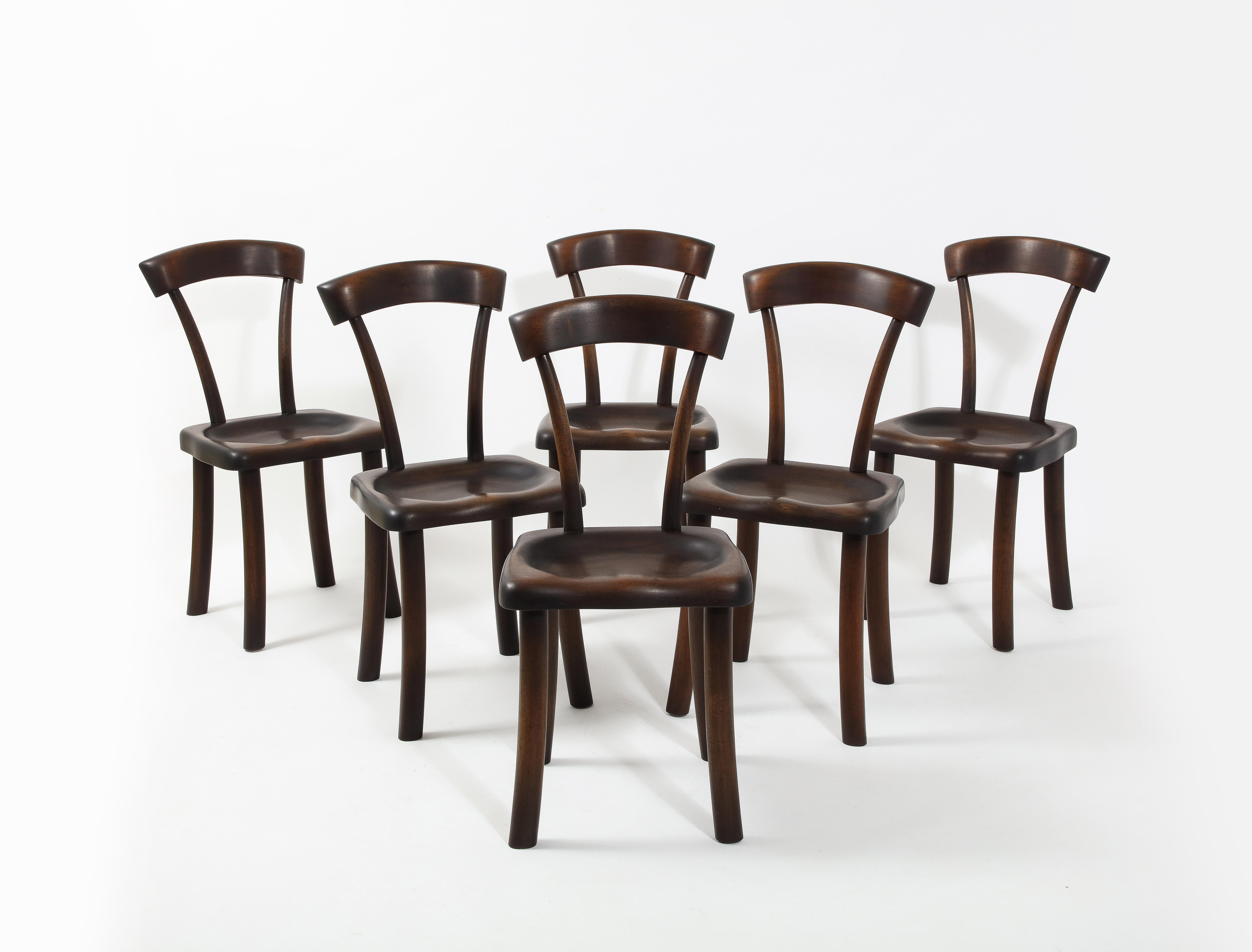 Set of Carved Mahogany Dining Chairs After Alexandre Noll, France 1960's For Sale 3